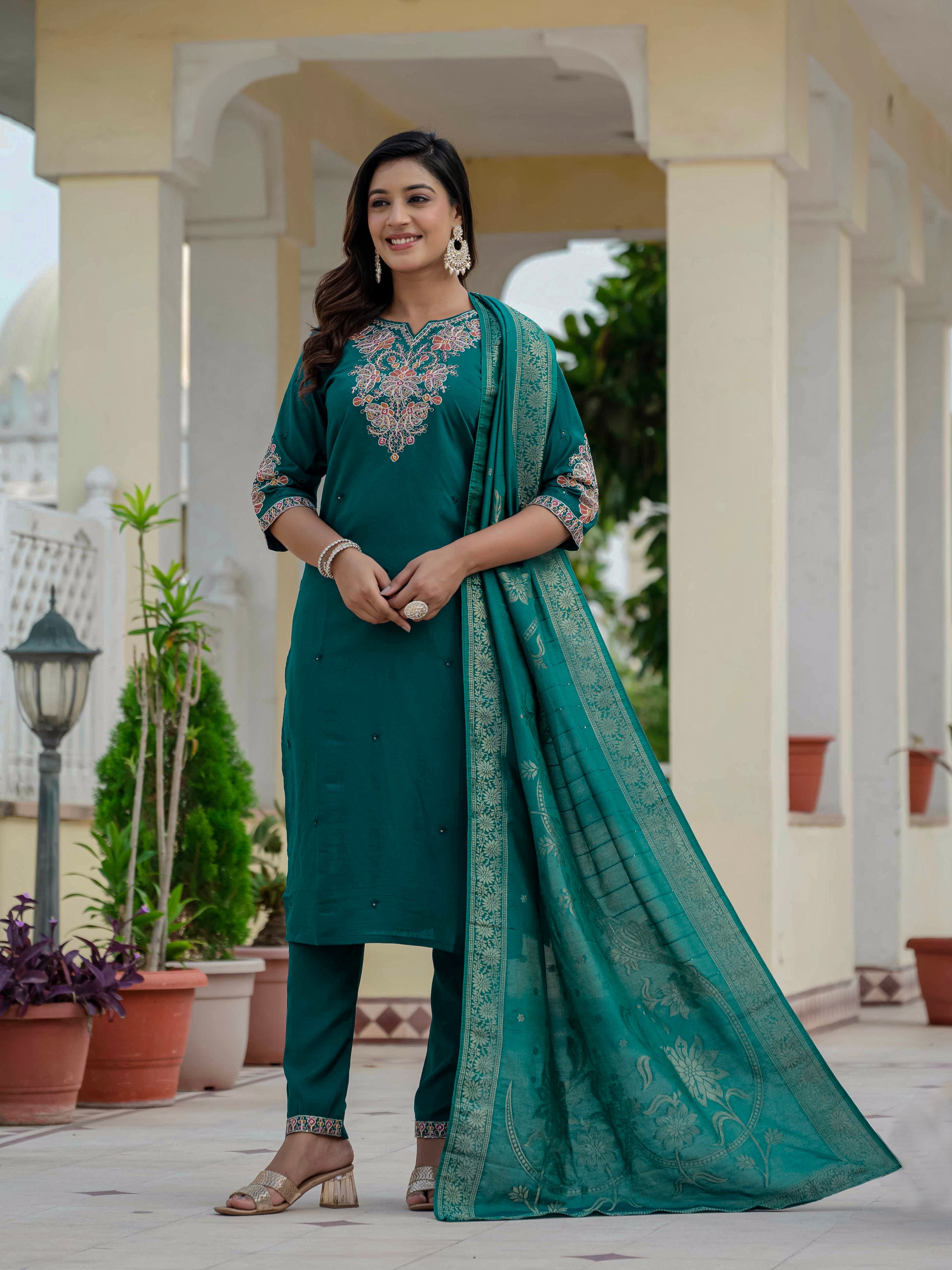 Hanch Premium Roman Silk Embroidered Straight Kurti Set – Rama Green