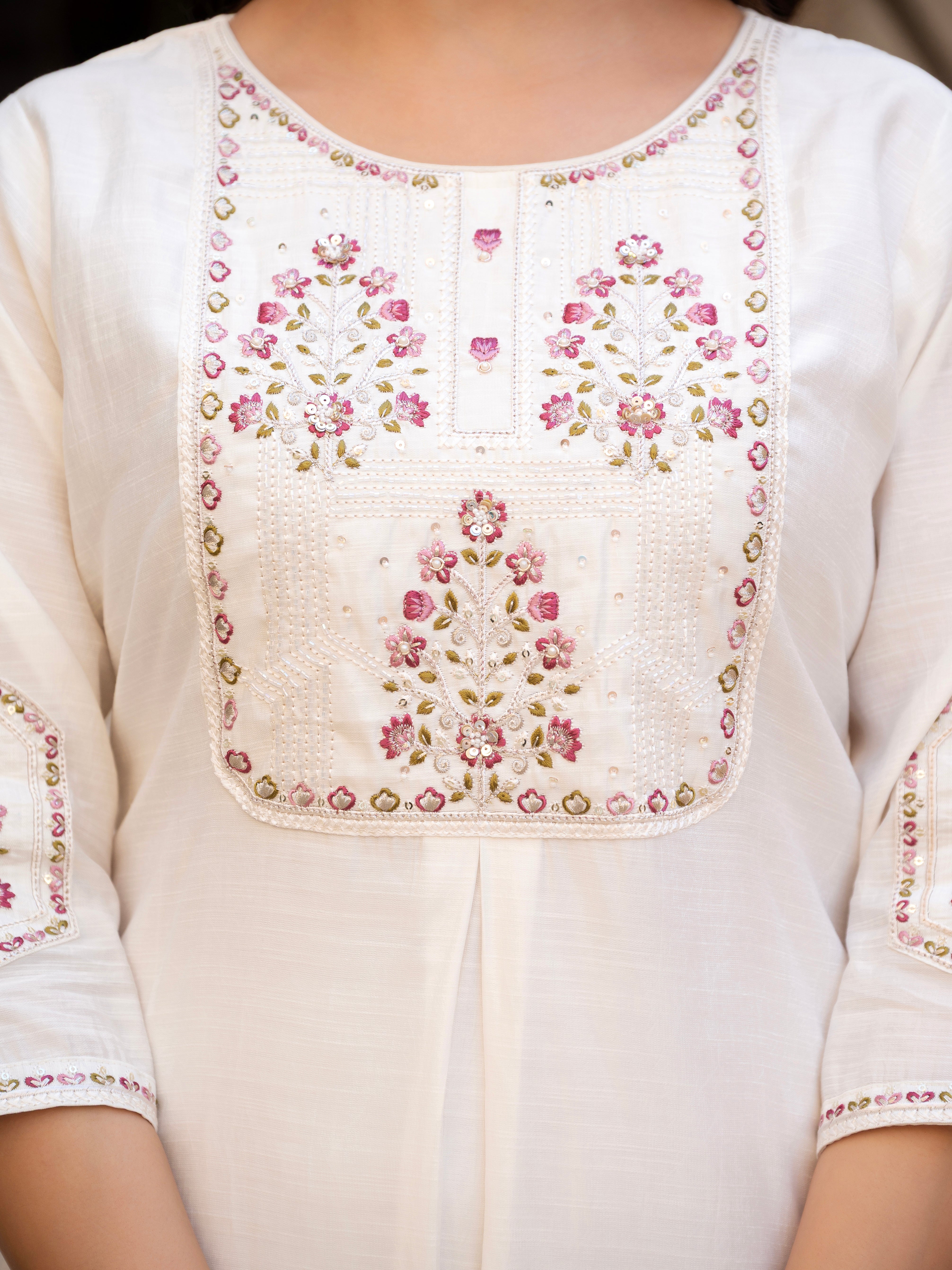 Hanch Pure Viscose Mango Silk Embroidered Straight Kurti Set – White