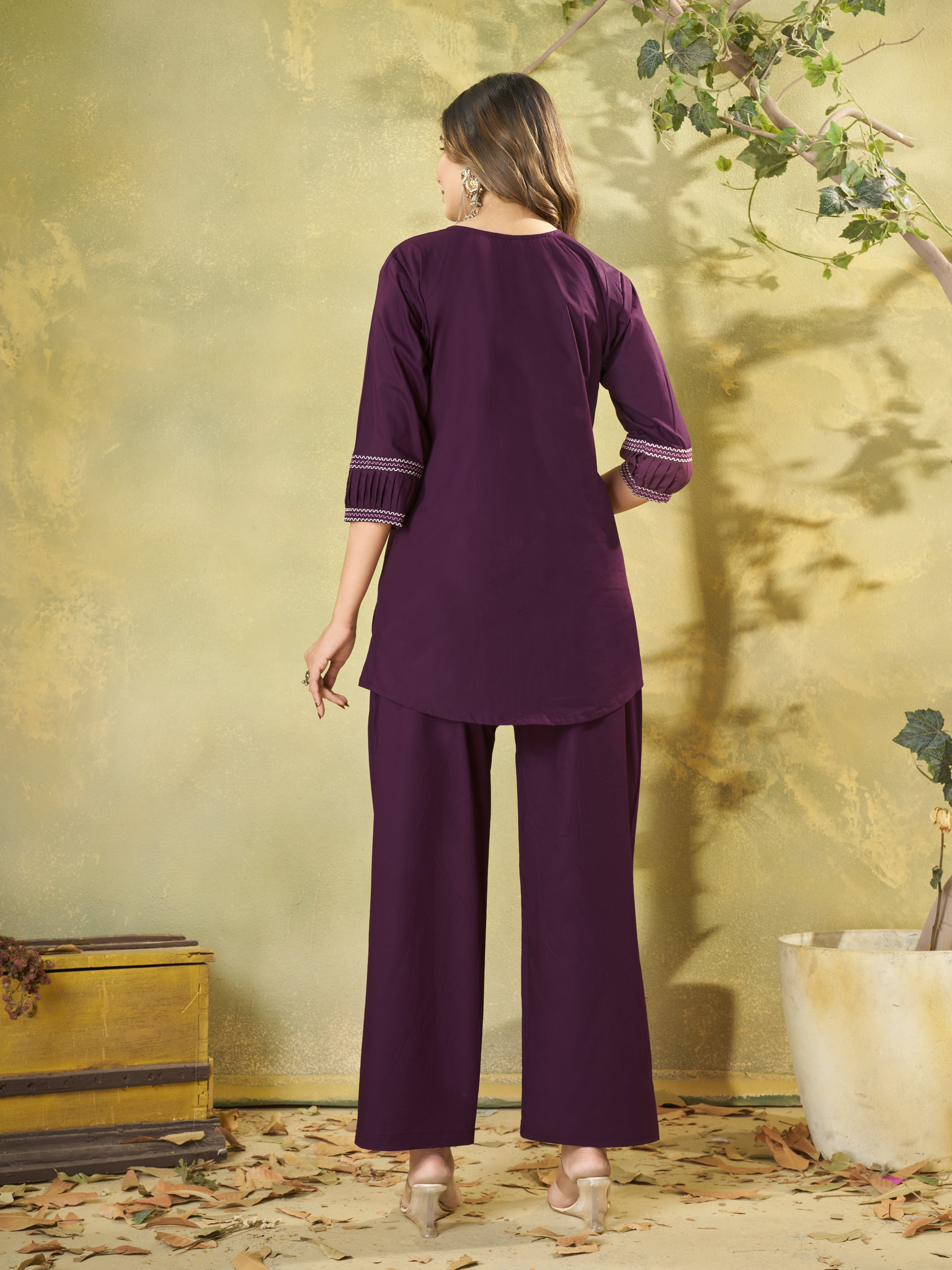 Hanch Pure Cotton Embroidered Co-Ords Set – Wine