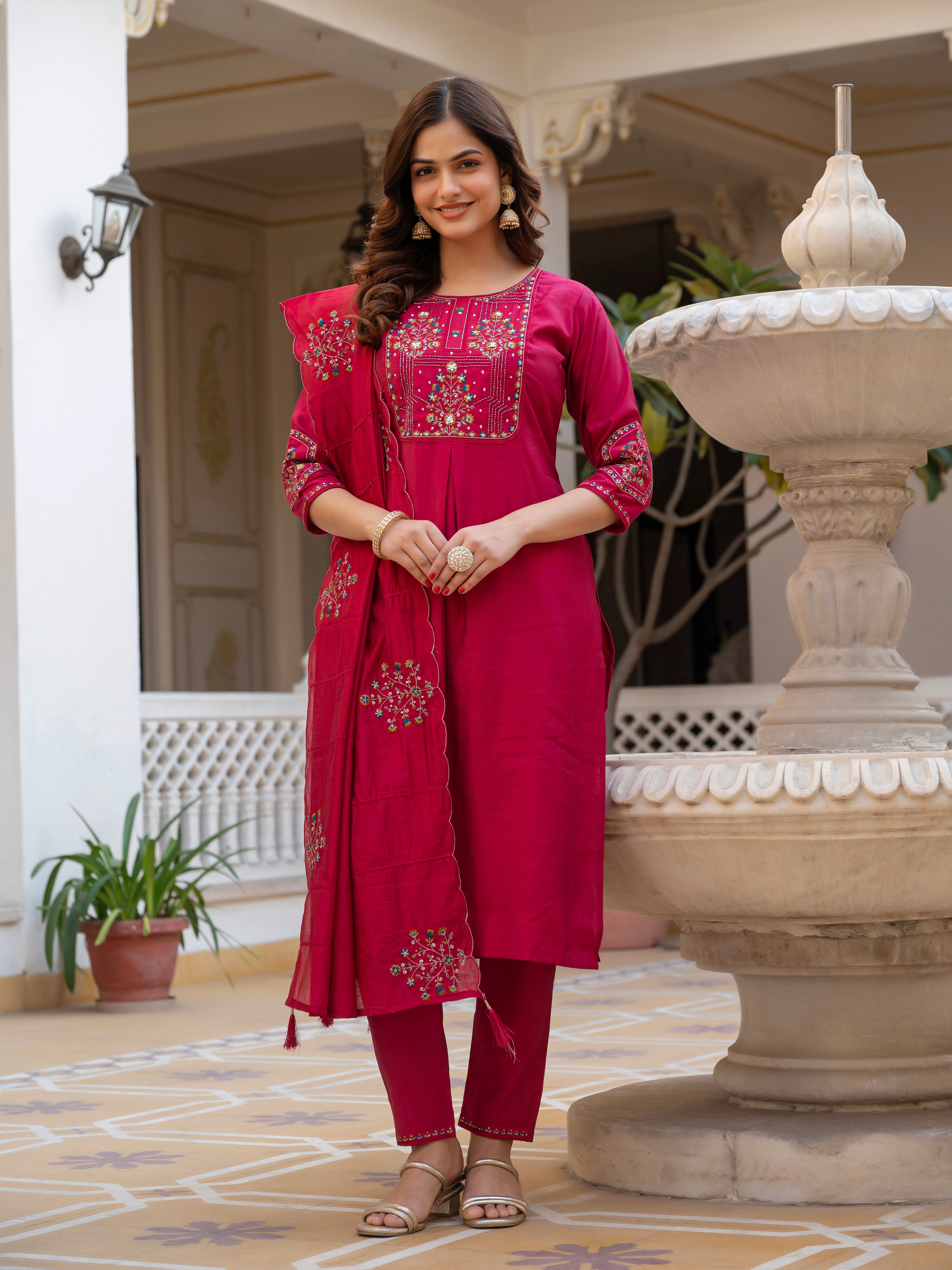Hanch Pure Viscose Mango Silk Embroidered Straight Kurti Set – Pink