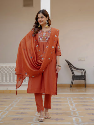 Hanch Pure Viscose Mango Silk Embroidered Straight Kurti Set – Rust