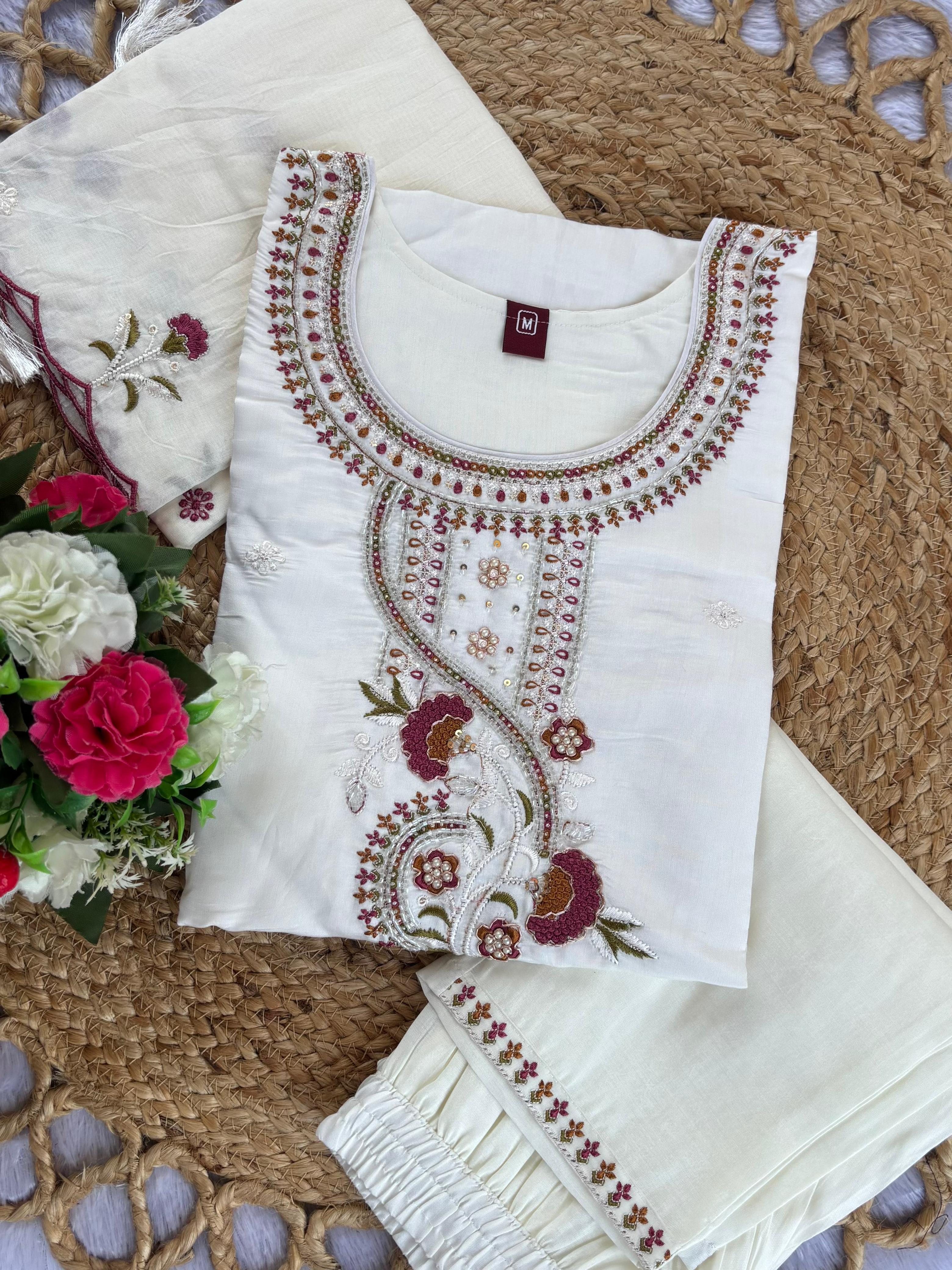 Hanch Roman Silk Embroidered Straight Kurti Set – White