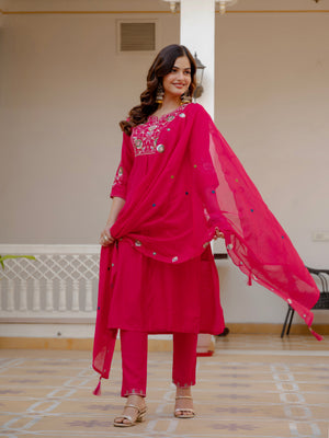 Hanch Pure Viscose Mango Silk Embroidered Straight Kurti Set – Pink