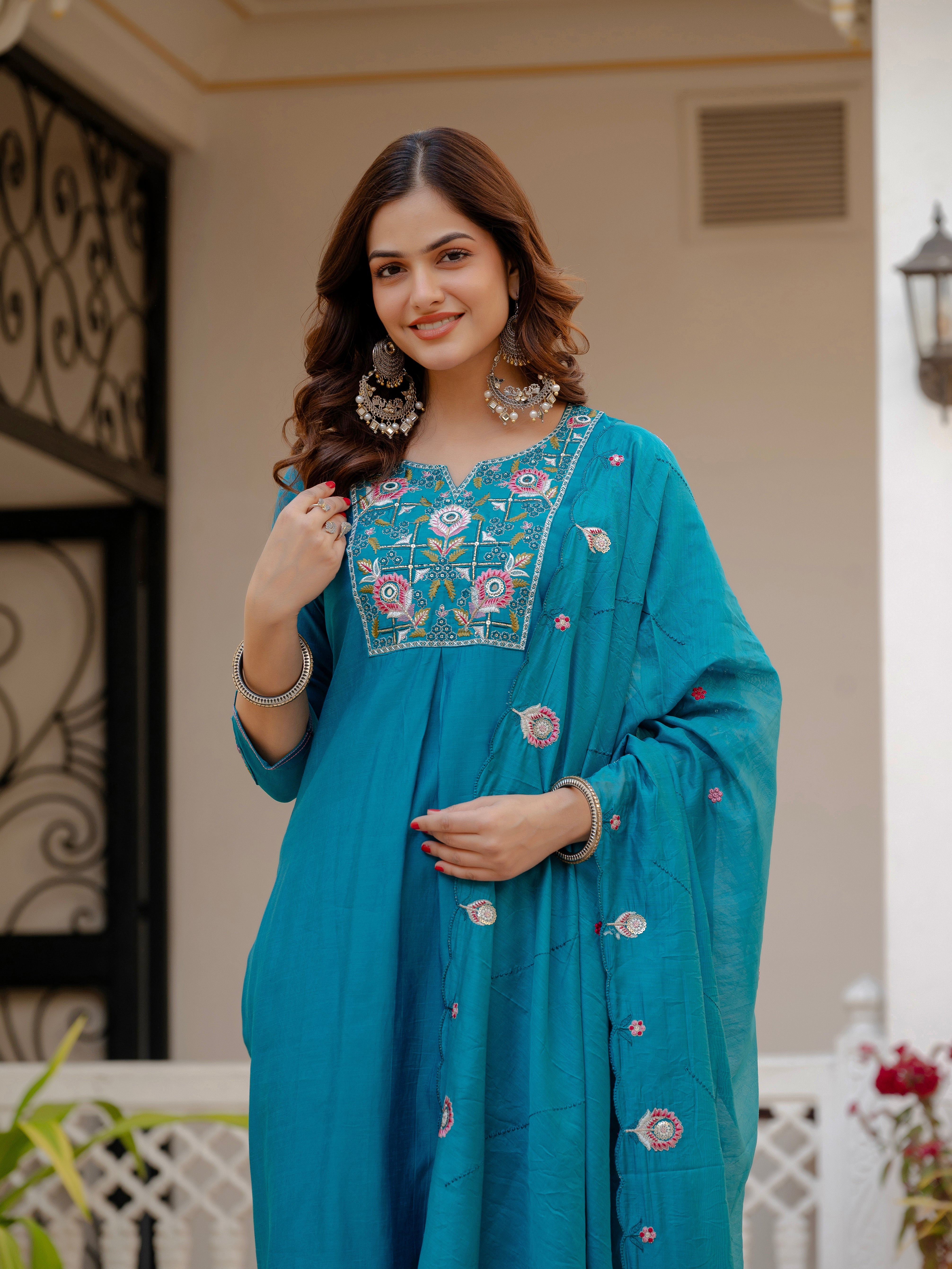 Hanch Pure Viscose Mango Silk Embroidered Straight Kurti Set – Firozi