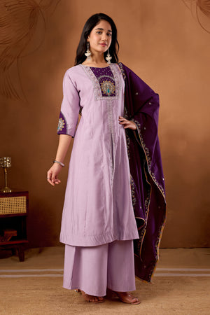 Hanch Roman Silk Embroidered Anarkali Kurti Set – Light Lovender