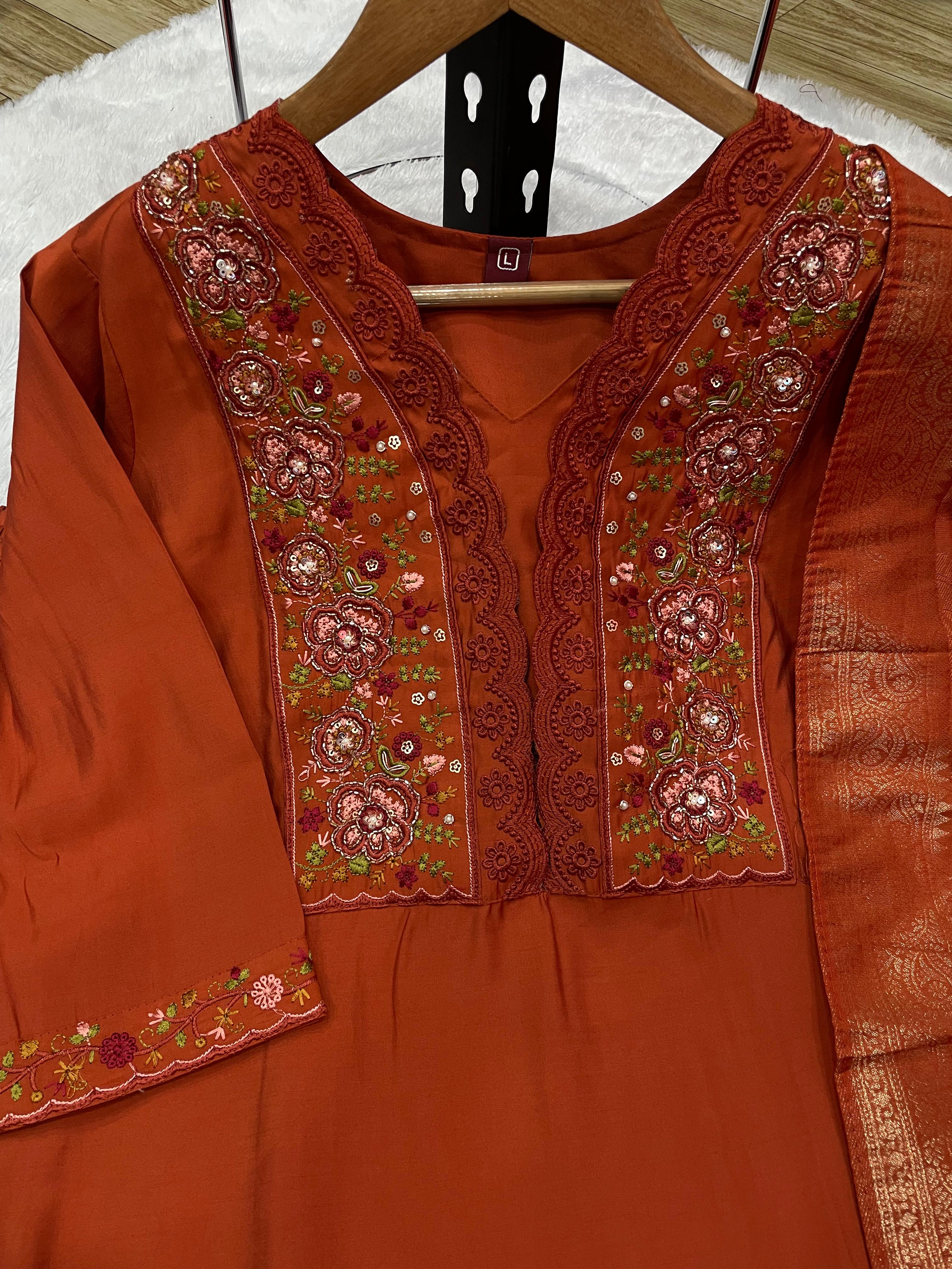 Hanch Roman Silk Embroidered Straight Kurti Set – Rust