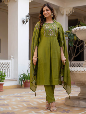 Hanch Pure Viscose Mango Silk Embroidered Straight Kurti Set – Mhendi Green