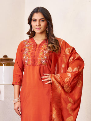 Hanch Roman Silk Embroidered Straight Kurti Set – Rust