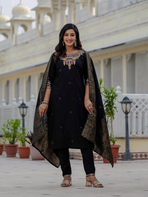 Hanch Premium Roman Silk Embroidered Straight Kurti Set – Black