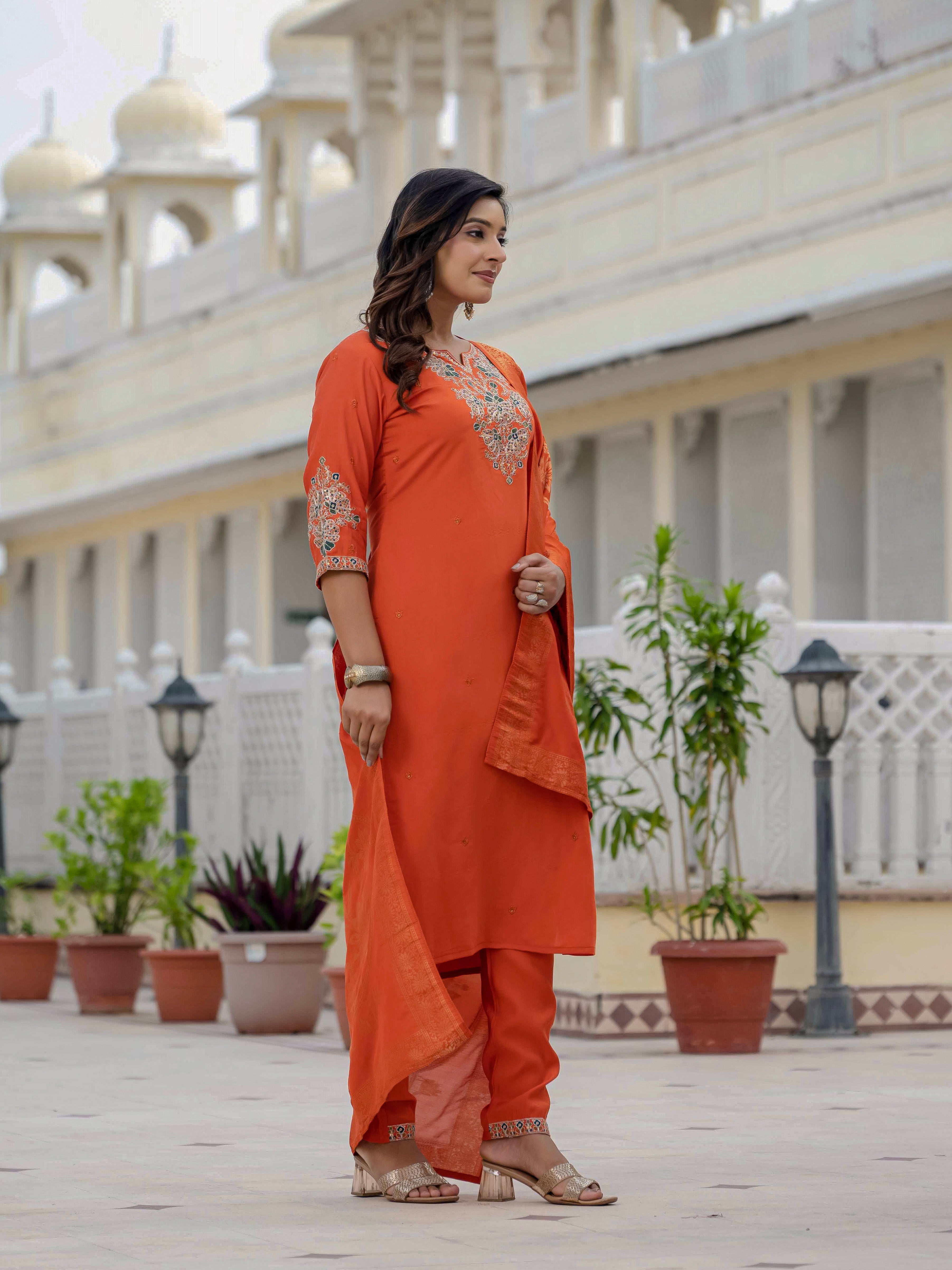 Hanch Premium Roman Silk Embroidered Straight Kurti Set – Orange