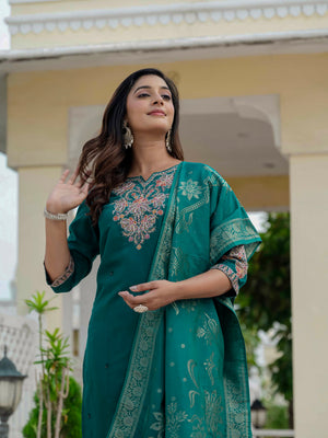 Hanch Premium Roman Silk Embroidered Straight Kurti Set – Rama Green