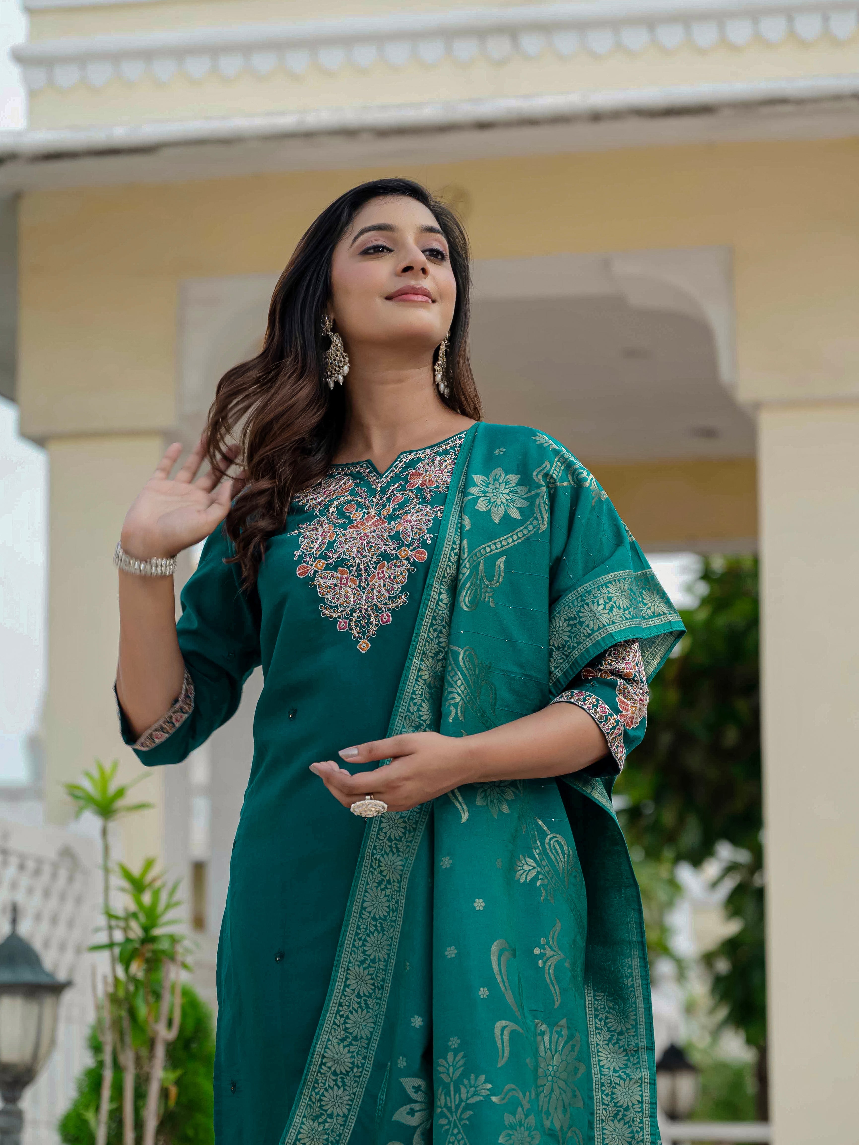 Hanch Premium Roman Silk Embroidered Straight Kurti Set – Rama Green