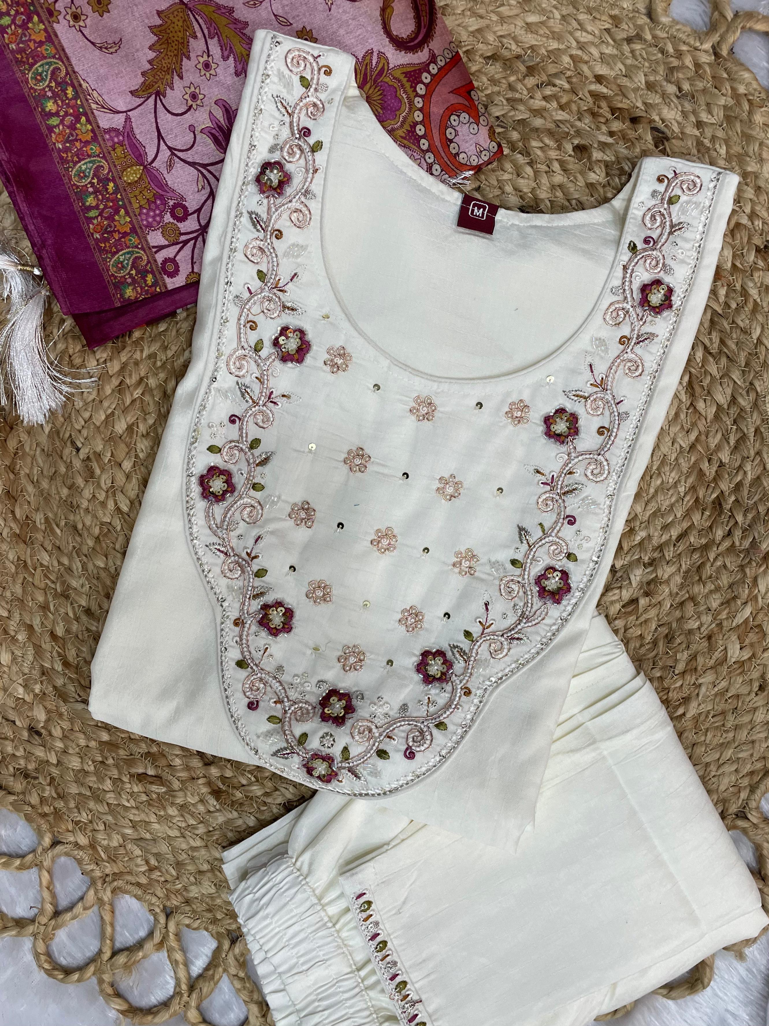 Hanch Premium Marina Silk Embroidered Straight Kurti Set – White