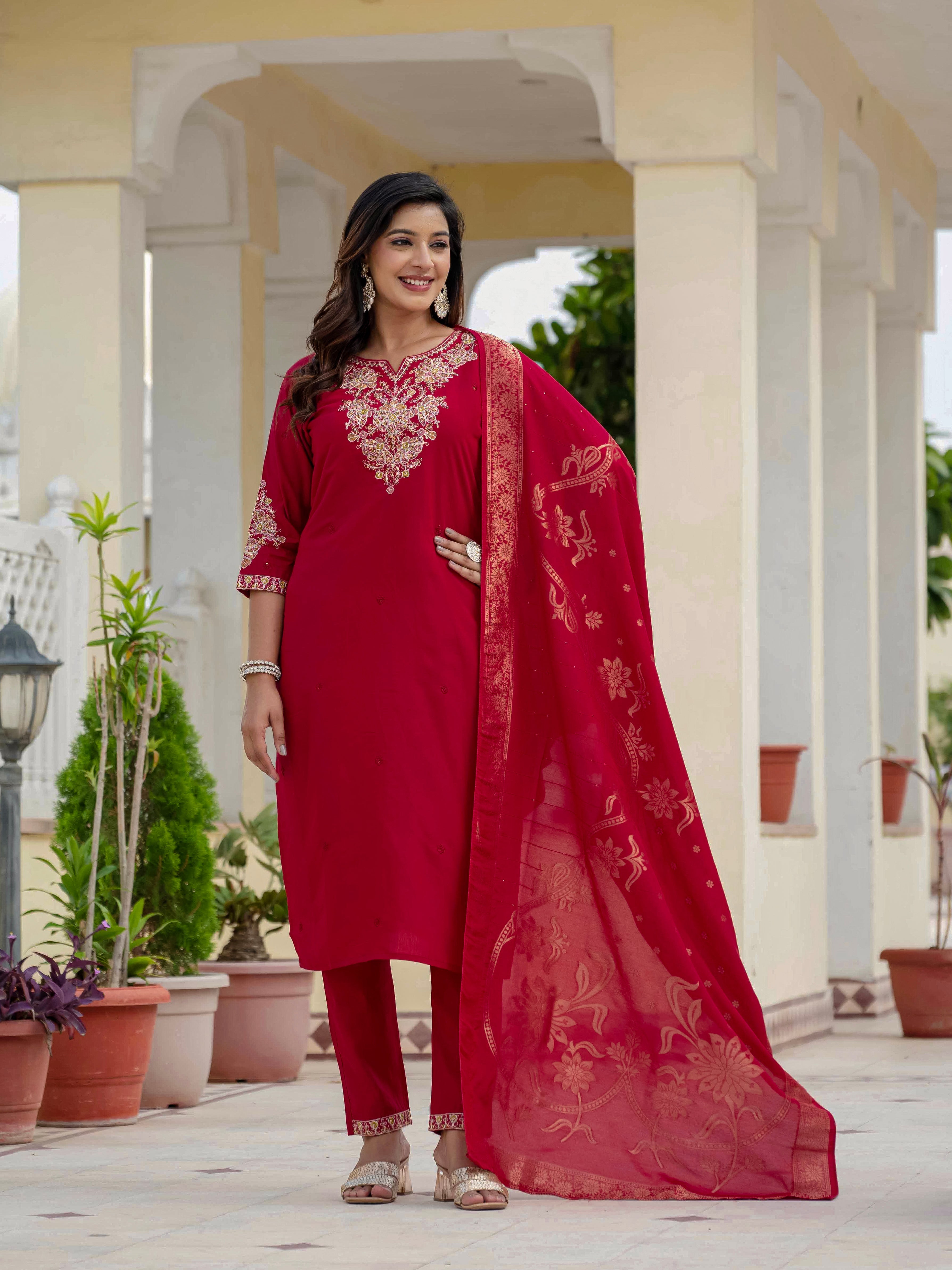 Hanch Premium Roman Silk Embroidered Straight Kurti Set – Maroon