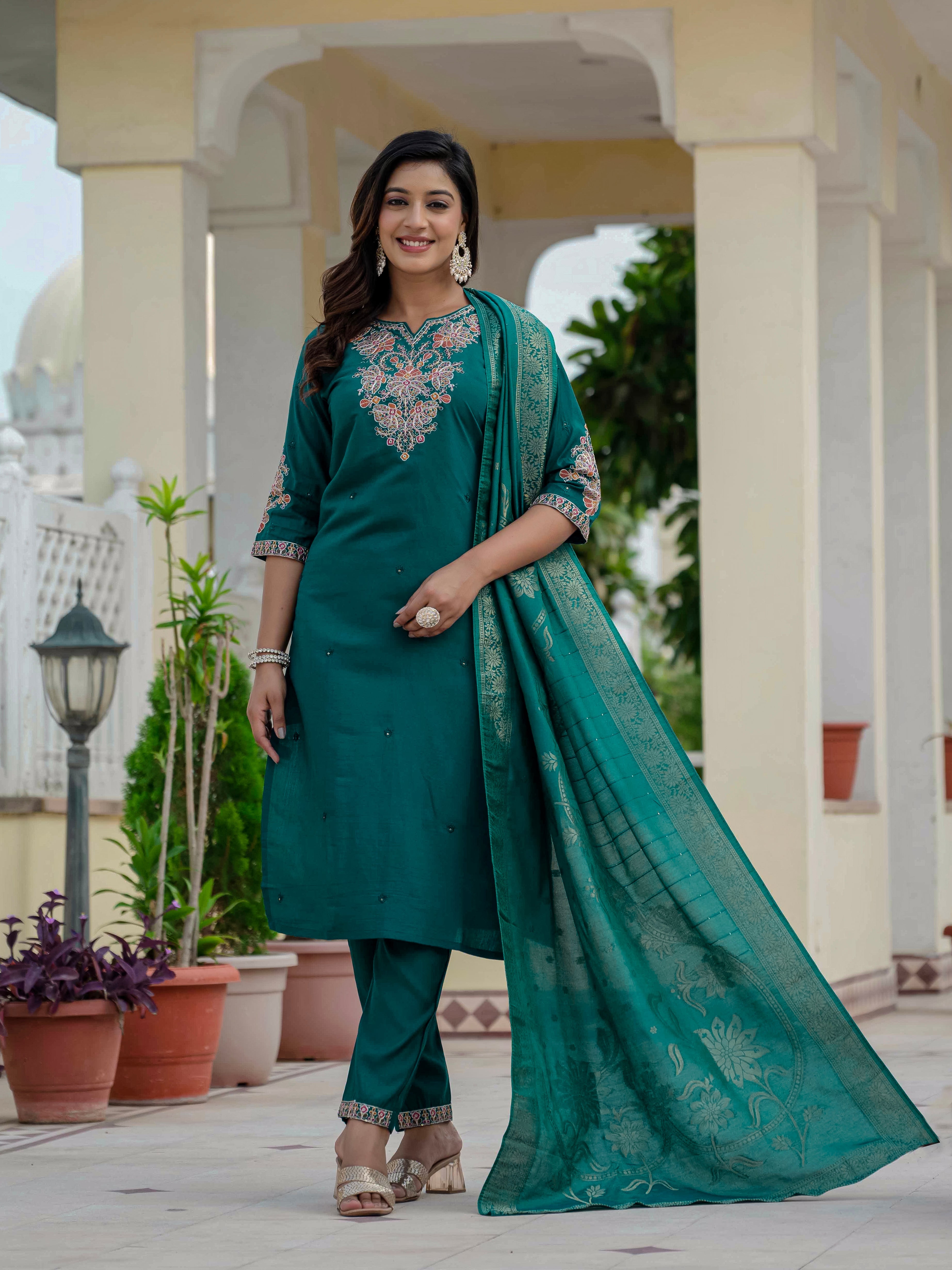 Hanch Premium Roman Silk Embroidered Straight Kurti Set – Rama Green