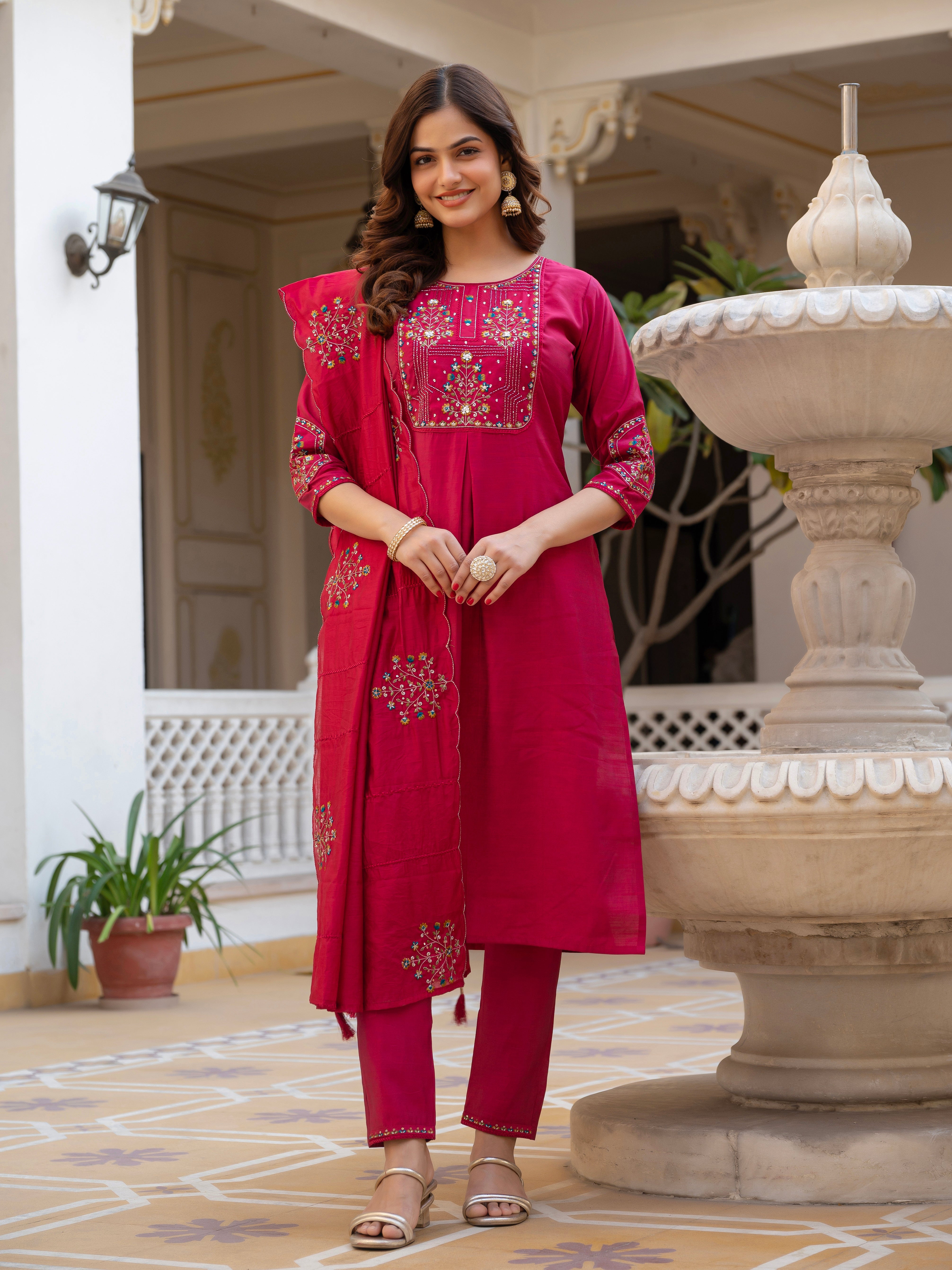 Hanch Pure Viscose Mango Silk Embroidered Straight Kurti Set – Pink