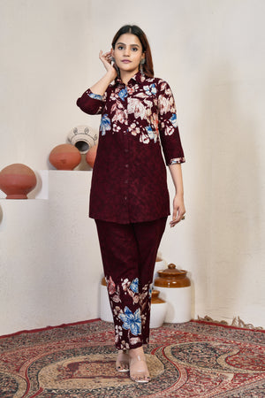 Hanch Pure Cotton Printed Co-Ords Set – Maroon