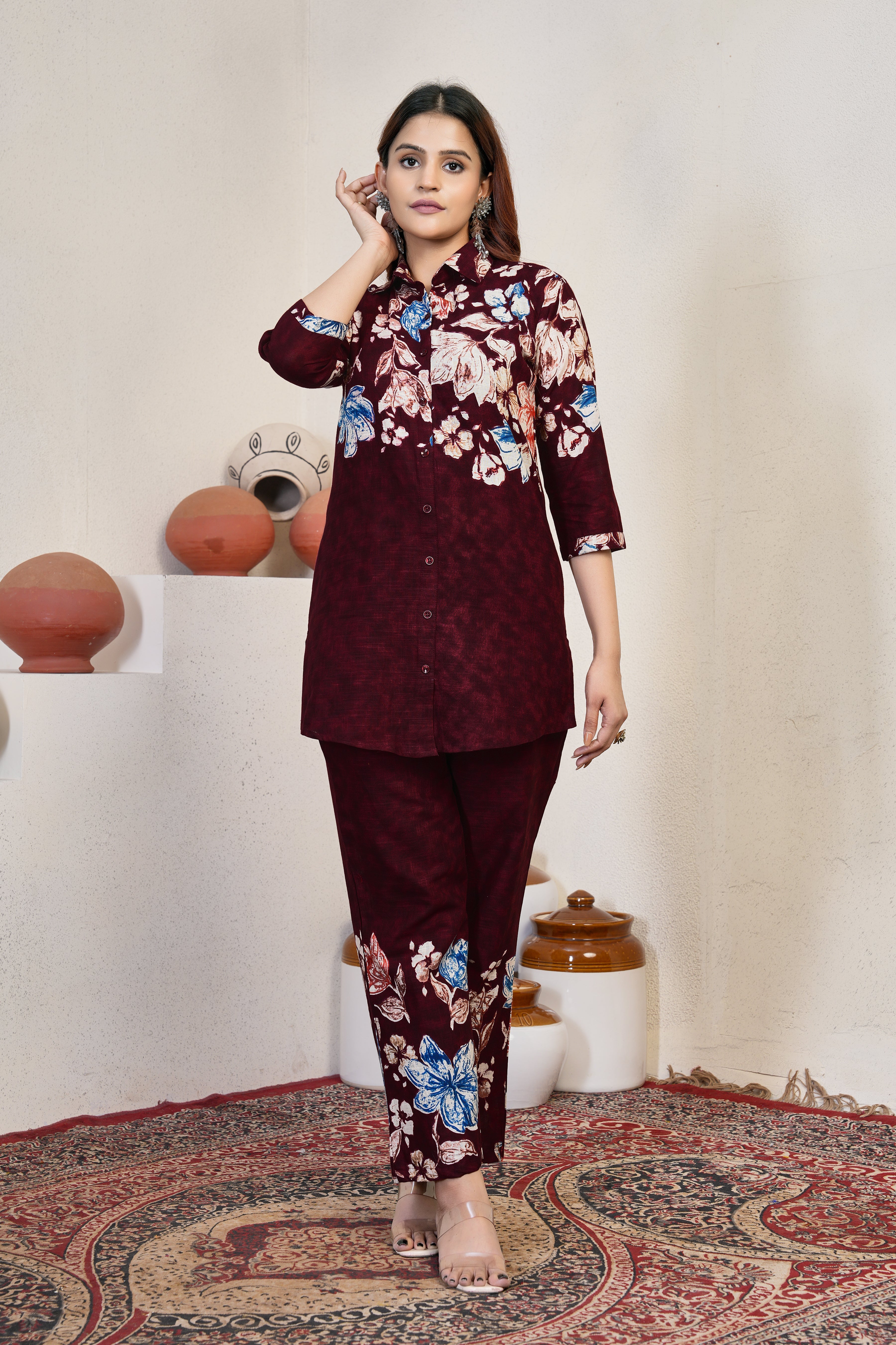 Hanch Pure Cotton Printed Co-Ords Set – Maroon