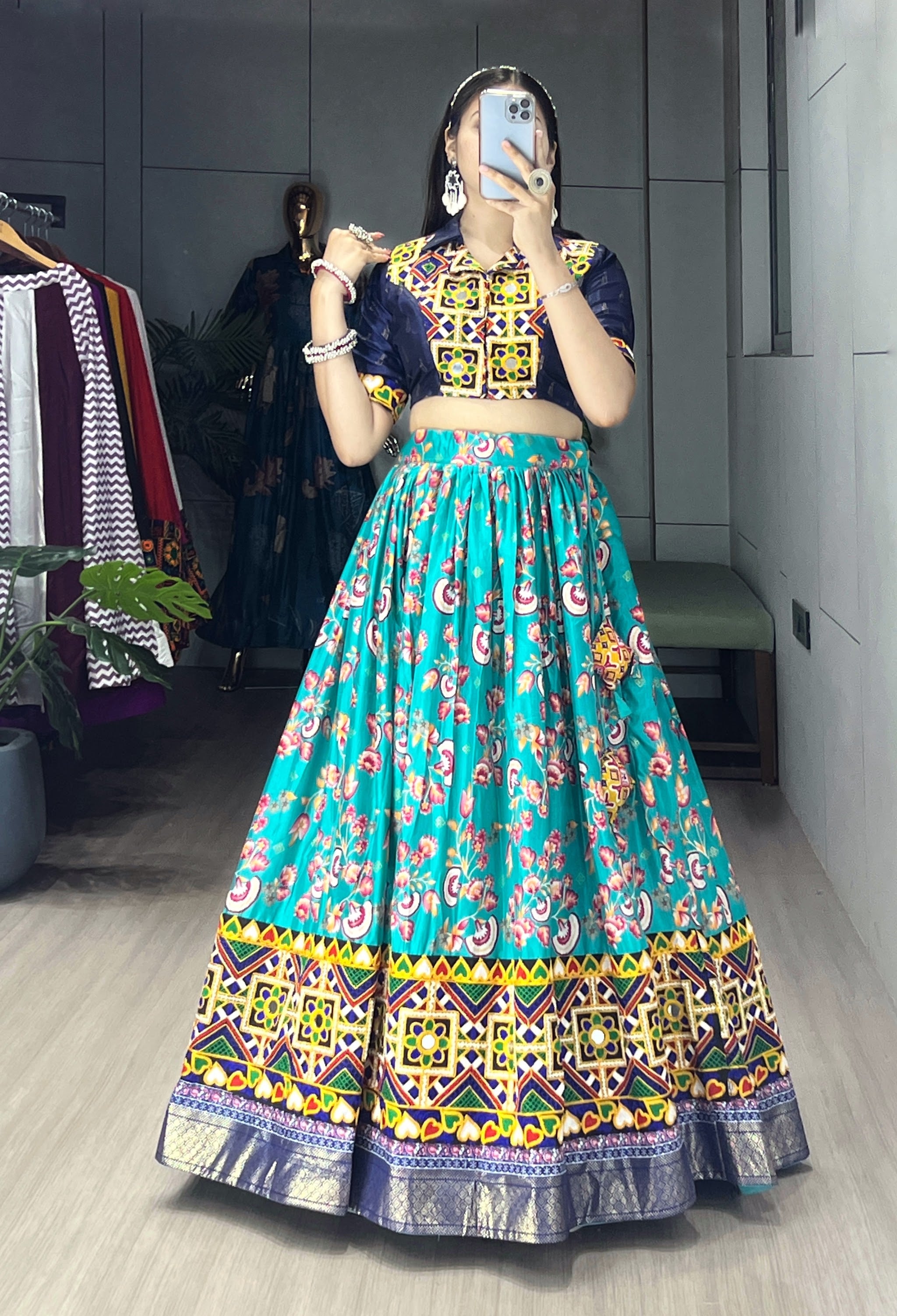 Navratri Firozi Floral Lehenga Set