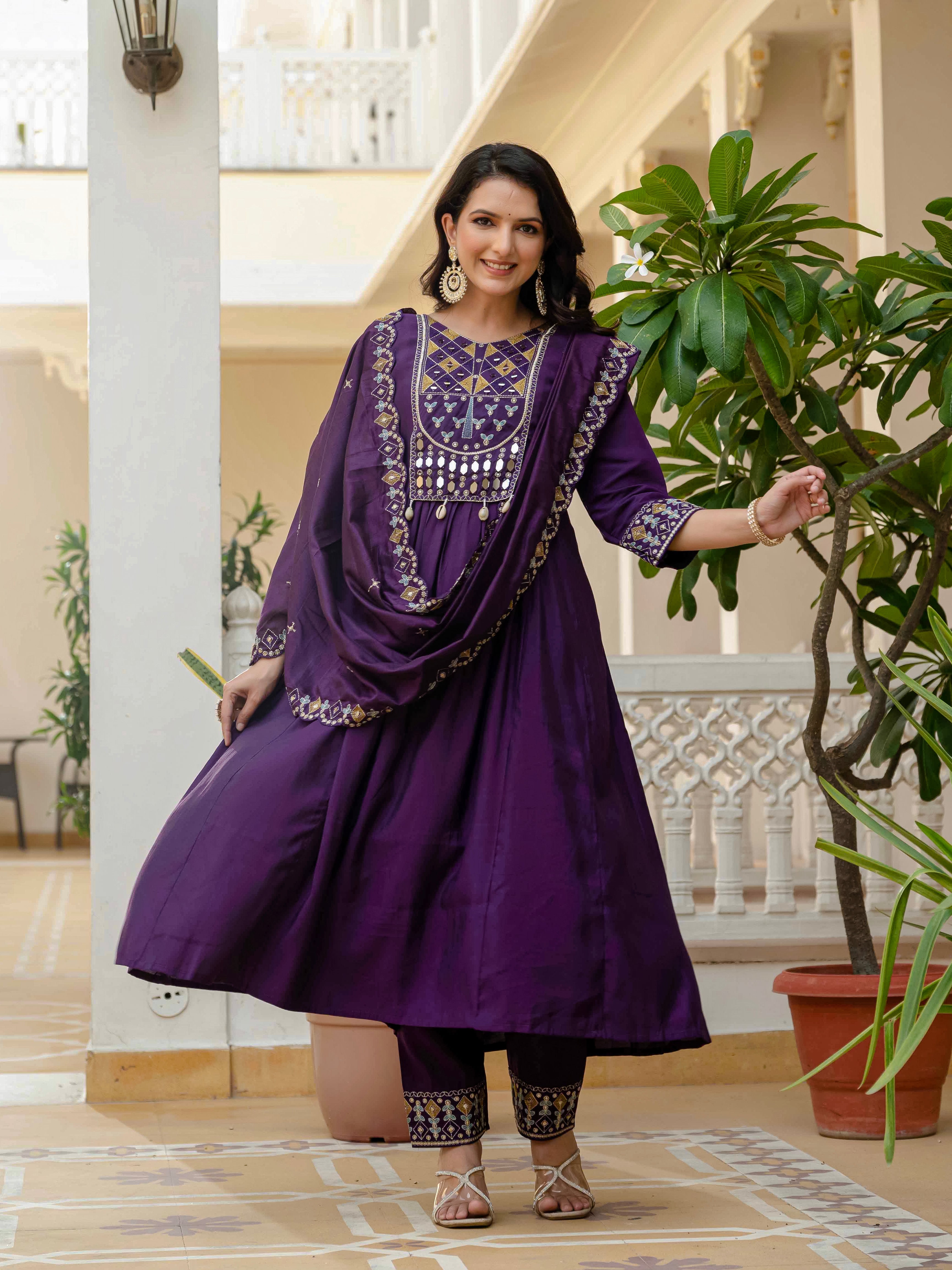 Hanch Viscose Roman Silk Embroidered Anarkali Kurti Set – Purple