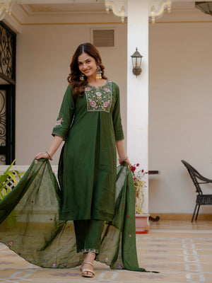 Hanch Pure Viscose Mango Silk Embroidered Straight Kurti Set – Green