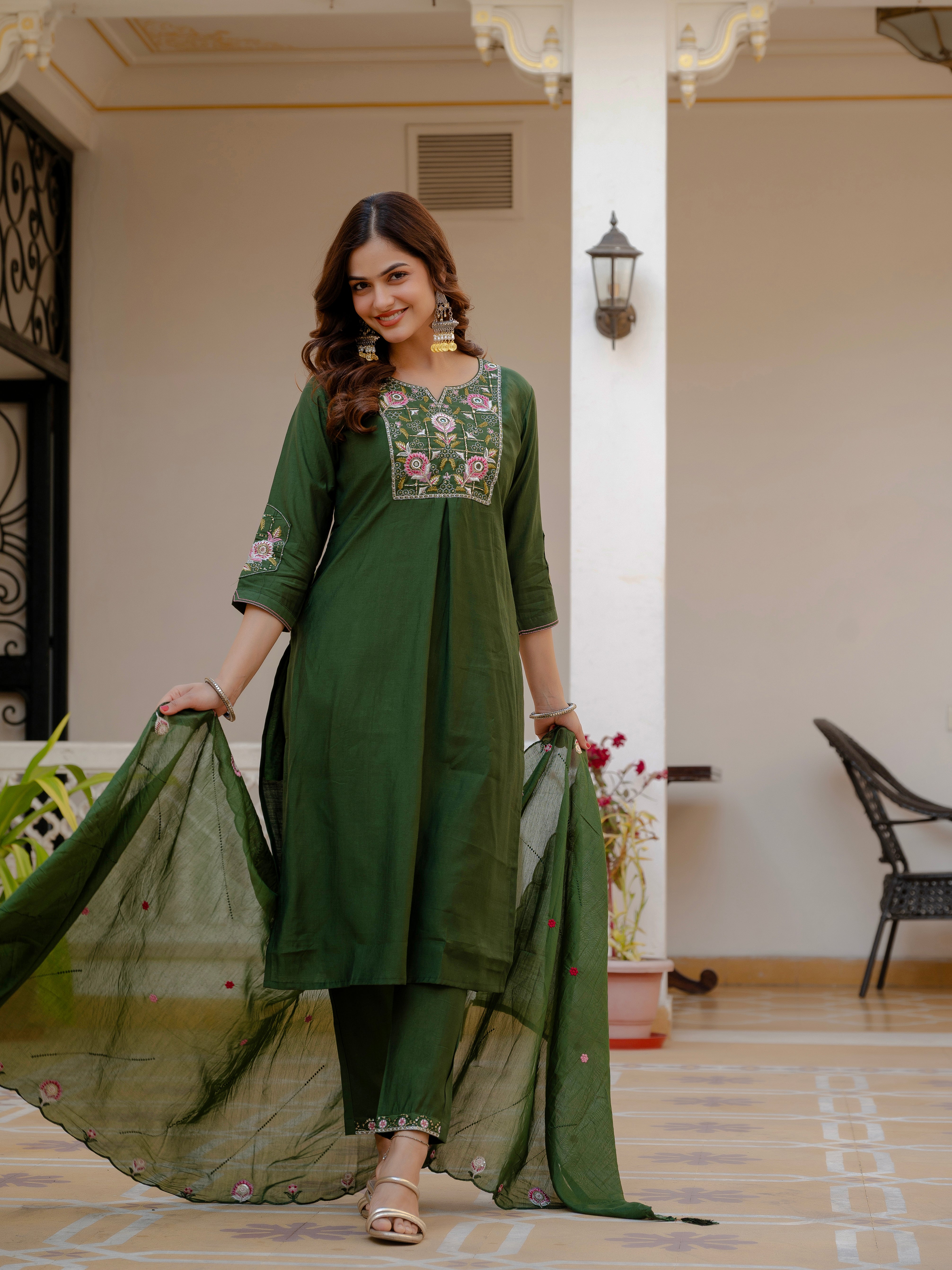 Hanch Pure Viscose Mango Silk Embroidered Straight Kurti Set – Green