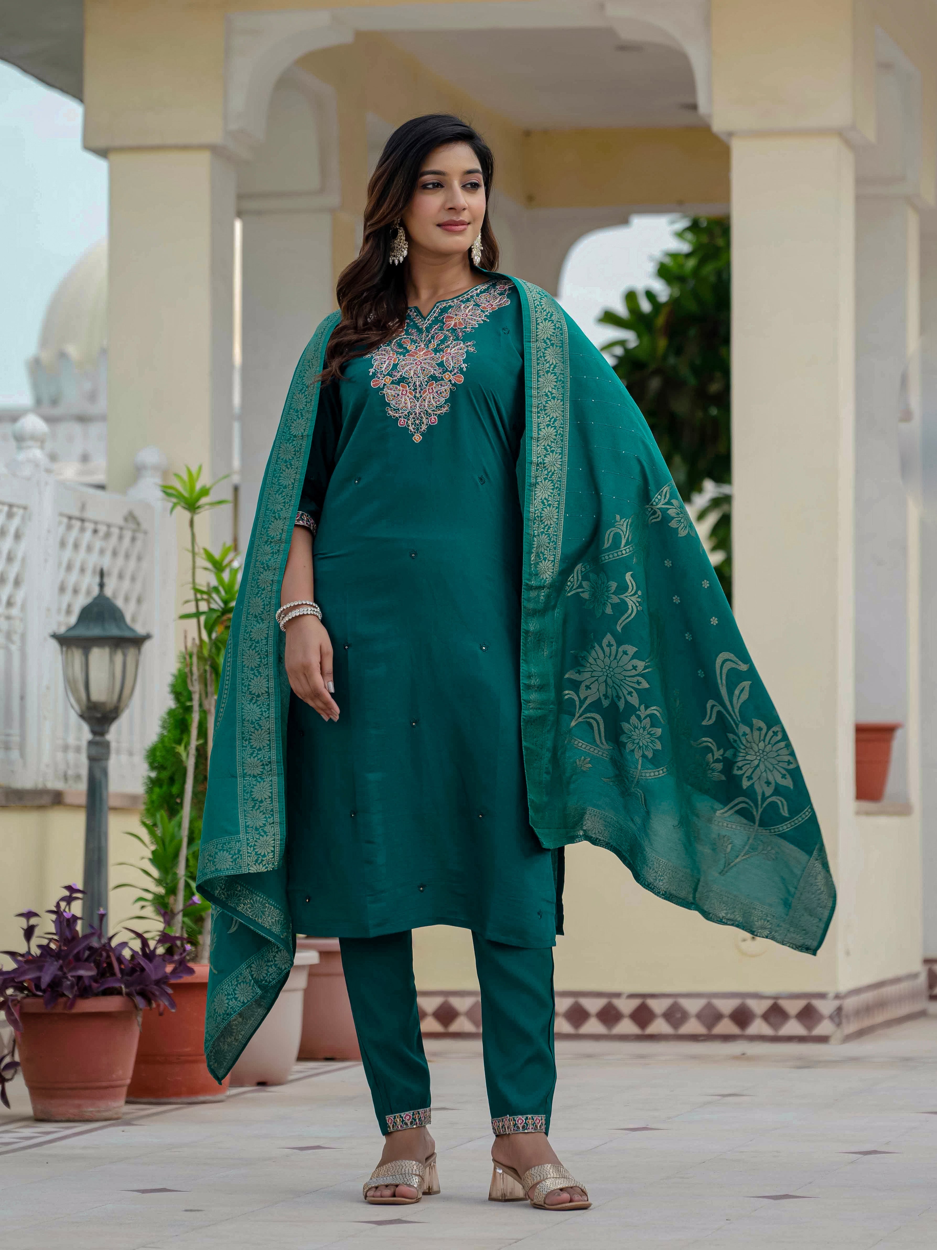 Hanch Premium Roman Silk Embroidered Straight Kurti Set – Rama Green