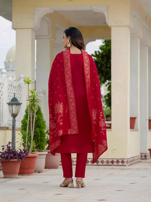 Hanch Premium Roman Silk Embroidered Straight Kurti Set – Maroon