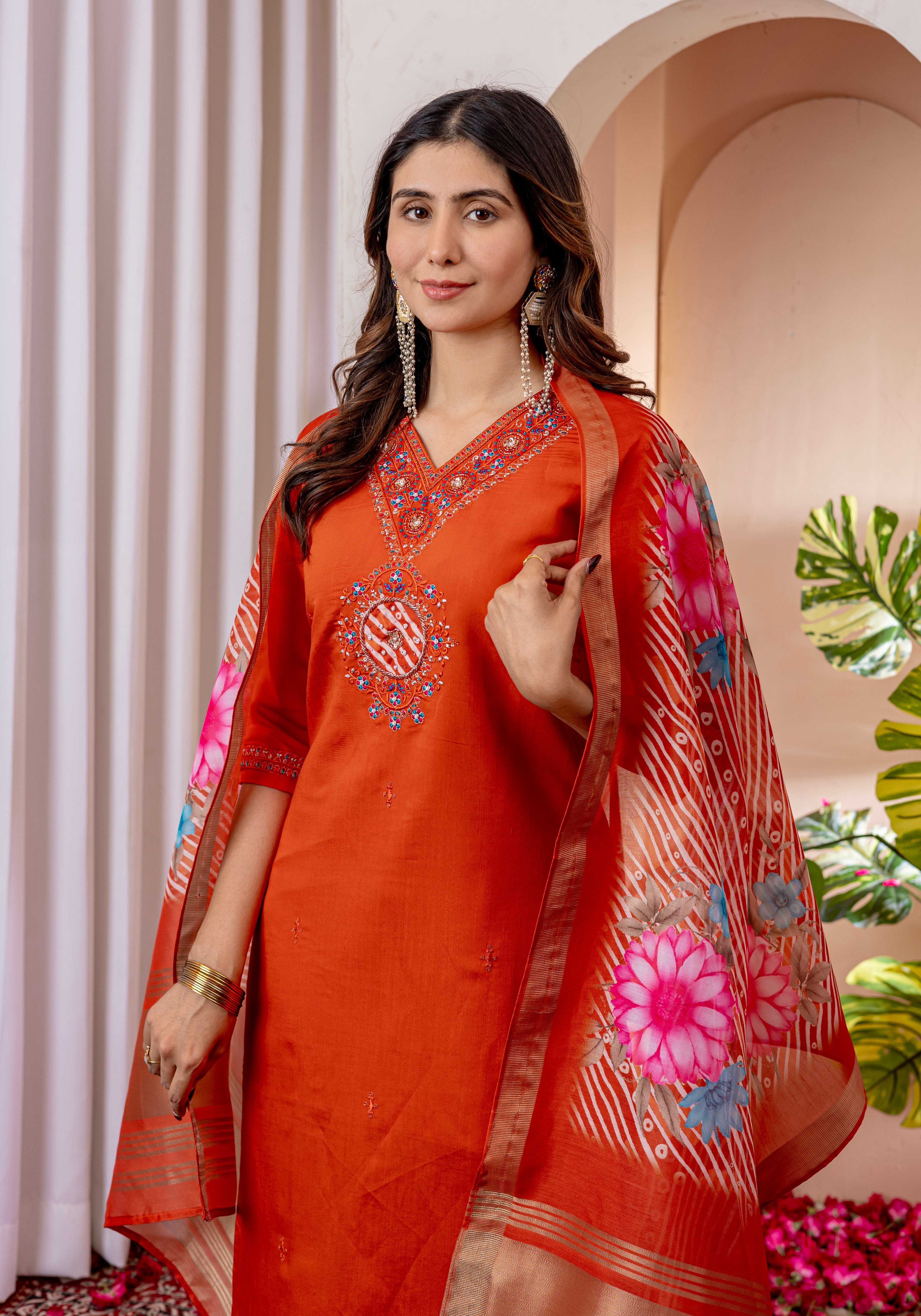 Hanch Marina Viscose Silk Embroidered Straight Kurti Set – Orange