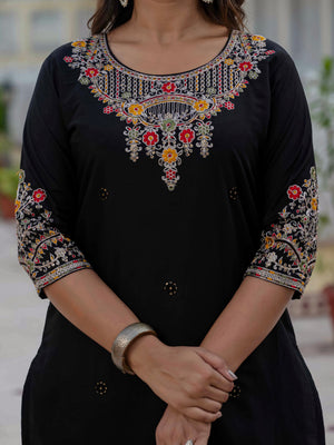 Hanch Premium Roman Silk Embroidered Straight Kurti Set – Black