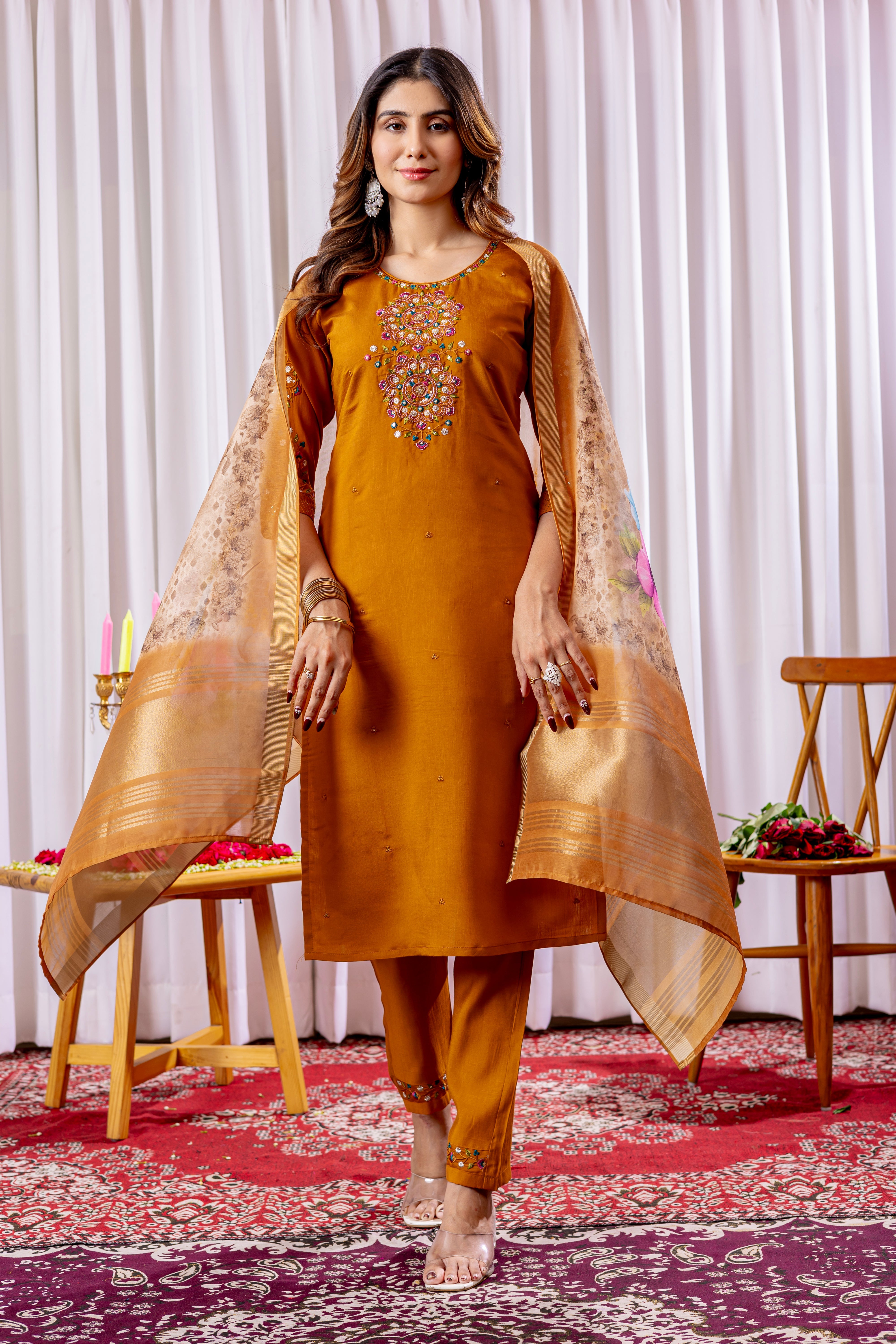Hanch Viscose Silk Embroidered Straight Kurti Set – Mustard