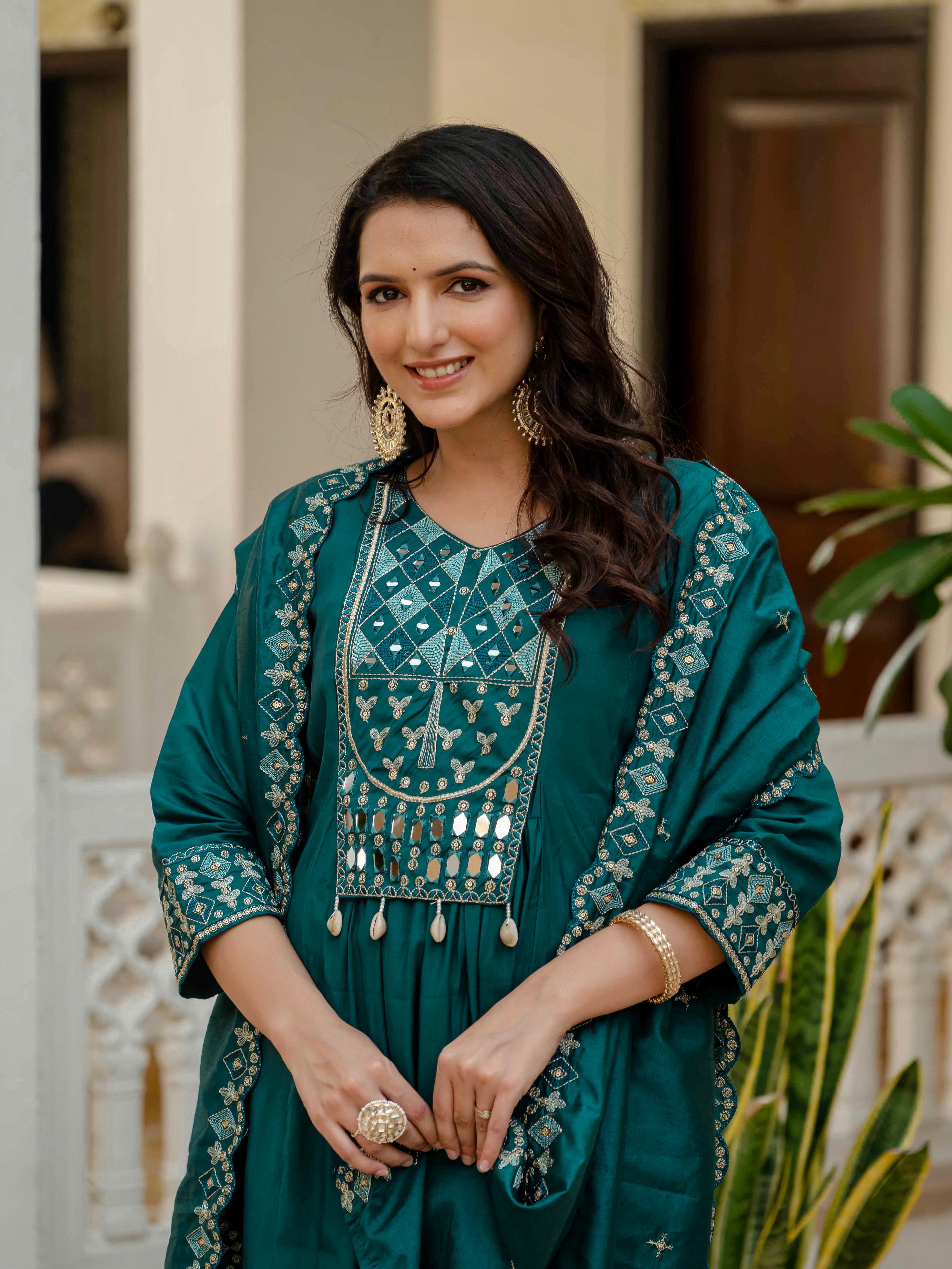 Hanch Viscose Roman Silk Embroidered Anarkali Kurti Set – Teal