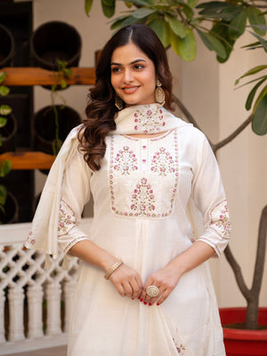Hanch Pure Viscose Mango Silk Embroidered Straight Kurti Set – White