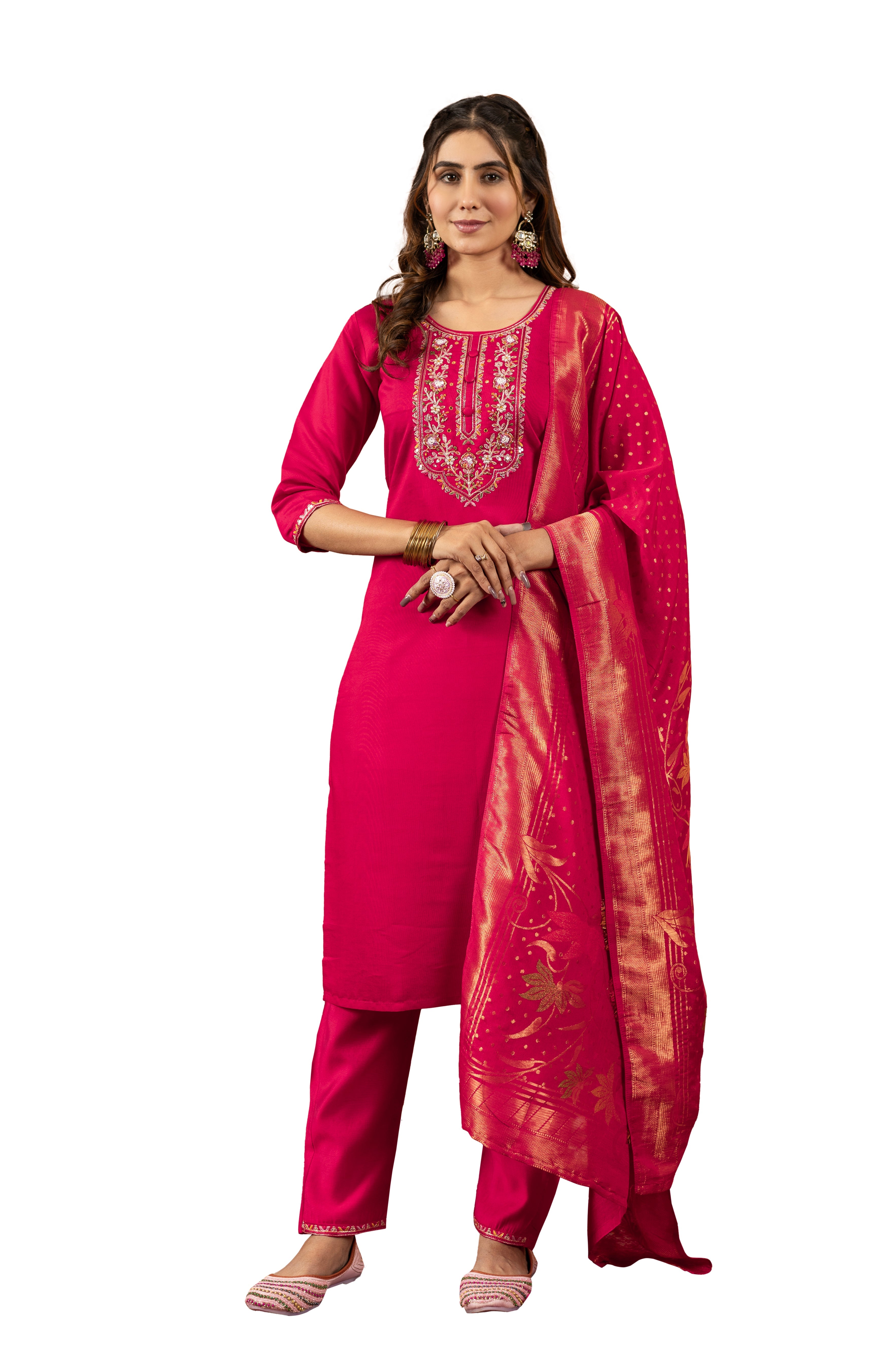 Hanch Marina Silk Embroidered Straight Kurti Set – Pink