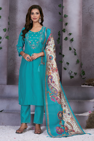 Hanch Premium Marina Silk Embroidered Straight Kurti Set – See Green