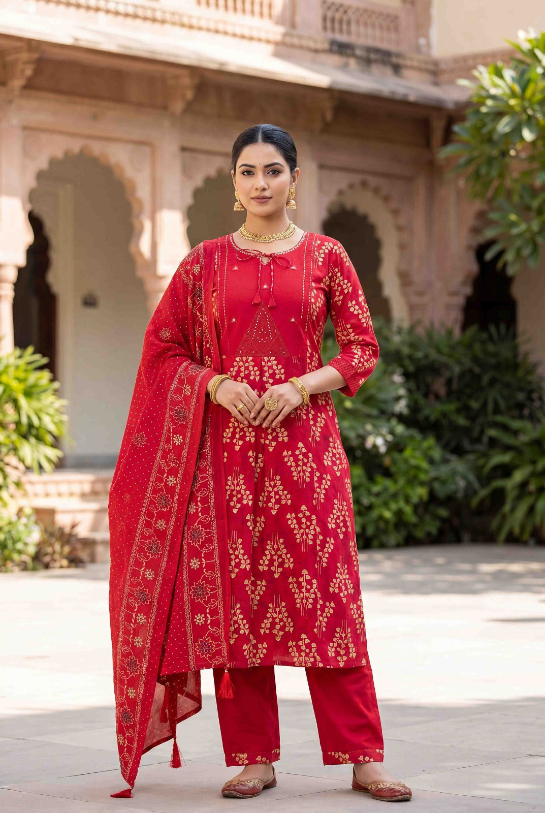 Hanch Pure Cotton Embroidered Straight Kurti Set – Red