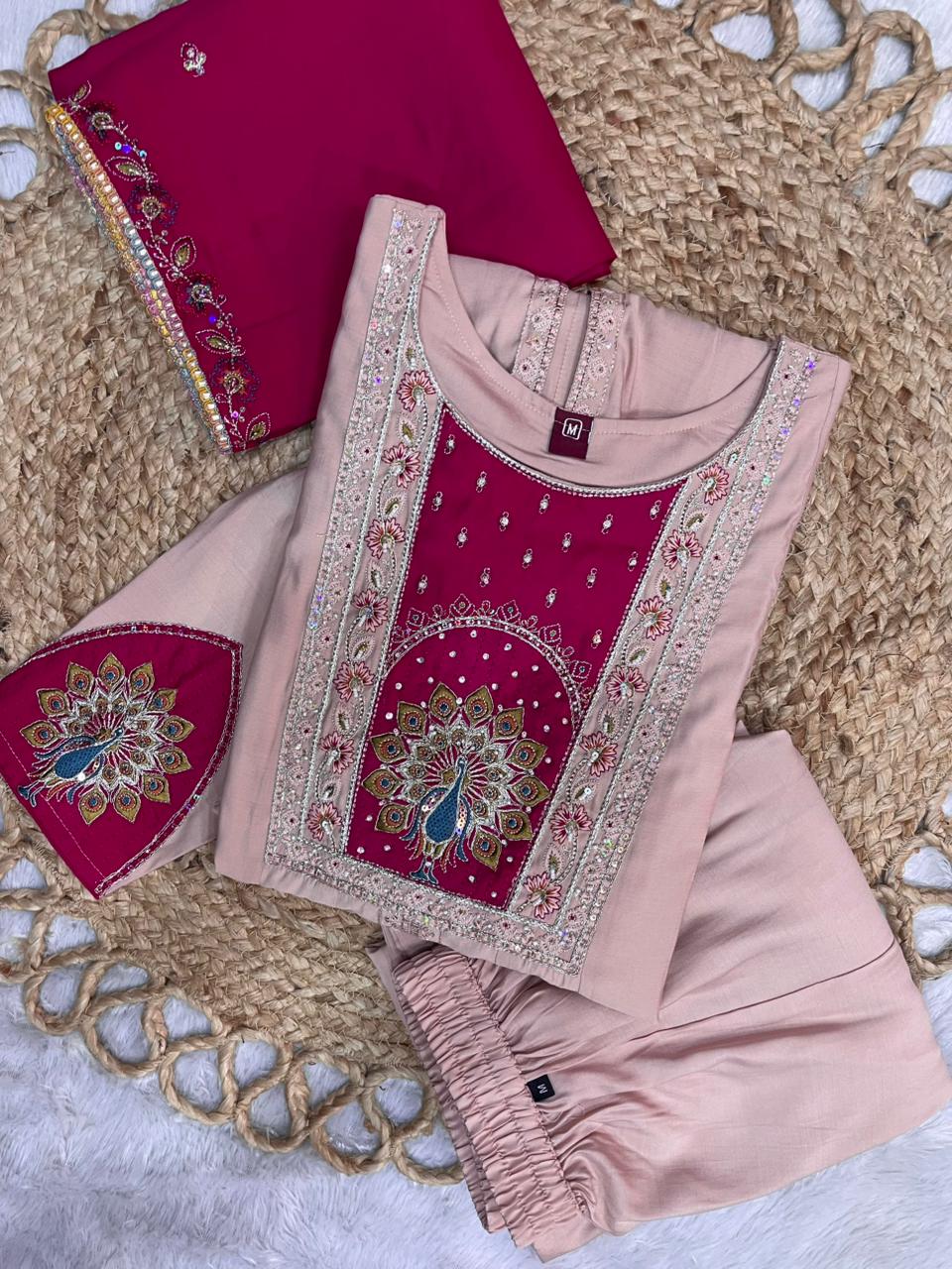 Hanch Roman Silk Embroidered Anarkali Kurti Set – Peach