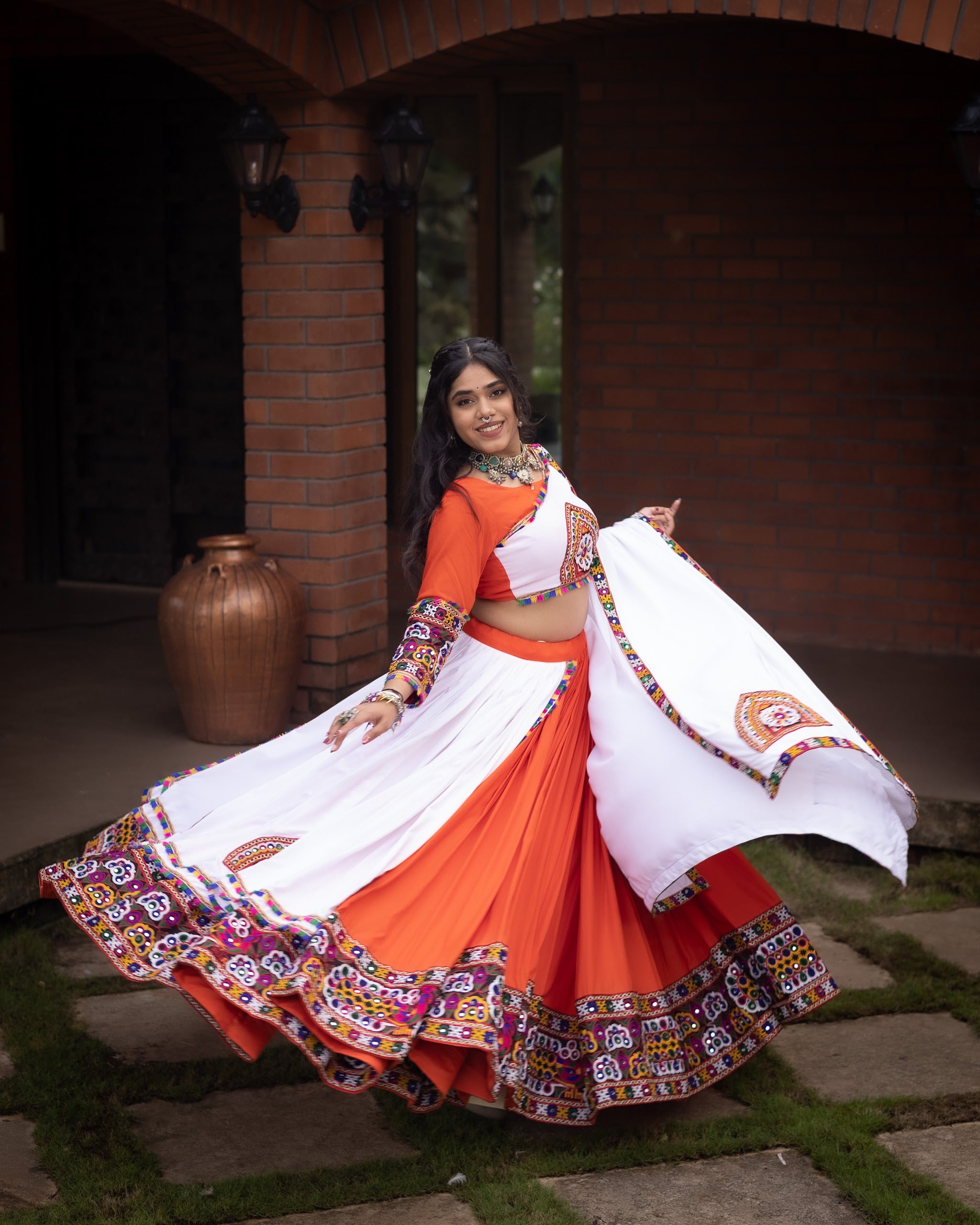 Navratri Orange White Arches Patch Work Lehenga Set