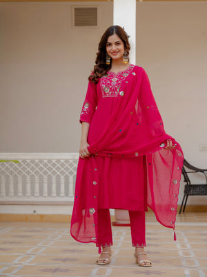 Hanch Pure Viscose Mango Silk Embroidered Straight Kurti Set – Pink