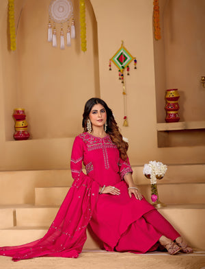 Hanch Viscose Mango Silk Embroidered Anarkali Kurti Set – Rani Pink