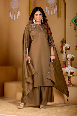 Hanch Viscose Mango Silk Embroidered Anarkali Kurti Set – Coffee