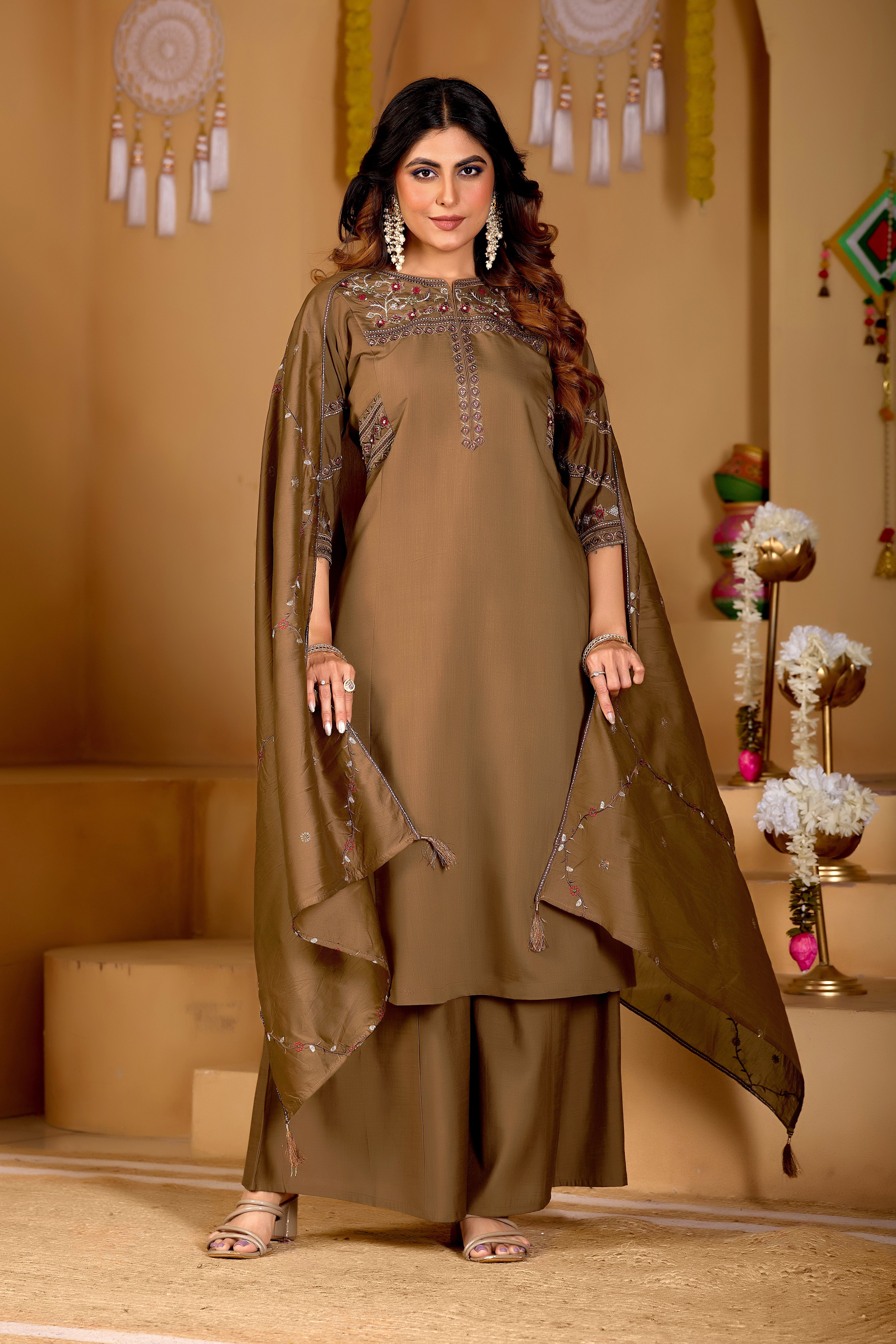 Hanch Viscose Mango Silk Embroidered Anarkali Kurti Set – Coffee