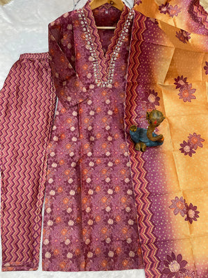 Hanch Zarna Silk Embroidered Straight Kurti Set – Wine Purple