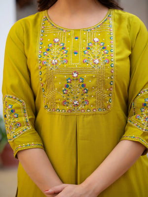 Hanch Pure Viscose Mango Silk Embroidered Straight Kurti Set – Yellow