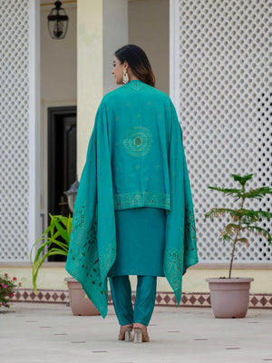 Hanch Premium Roman Silk Embroidered Straight Kurti Set – Firozi