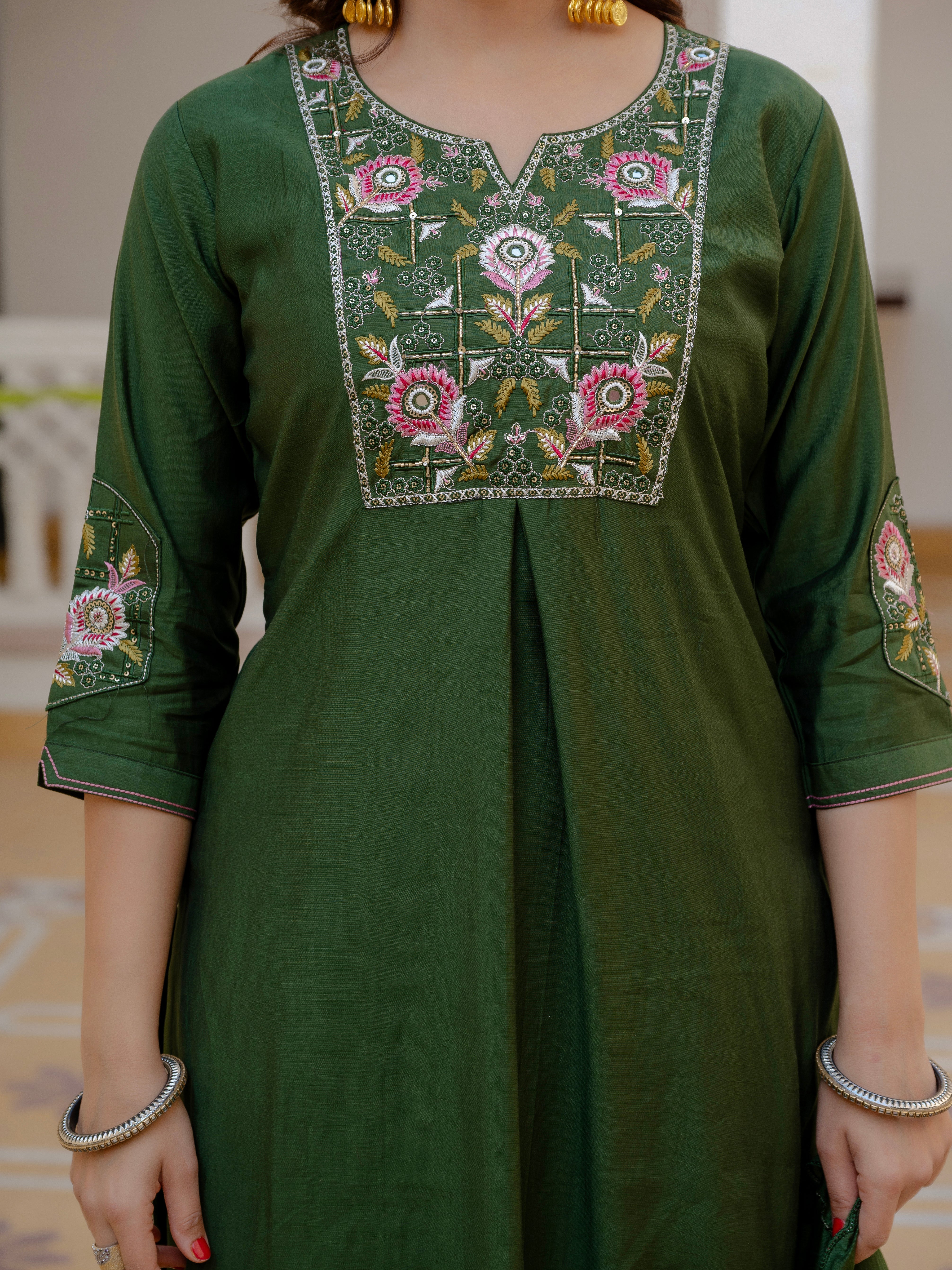 Hanch Pure Viscose Mango Silk Embroidered Straight Kurti Set – Green