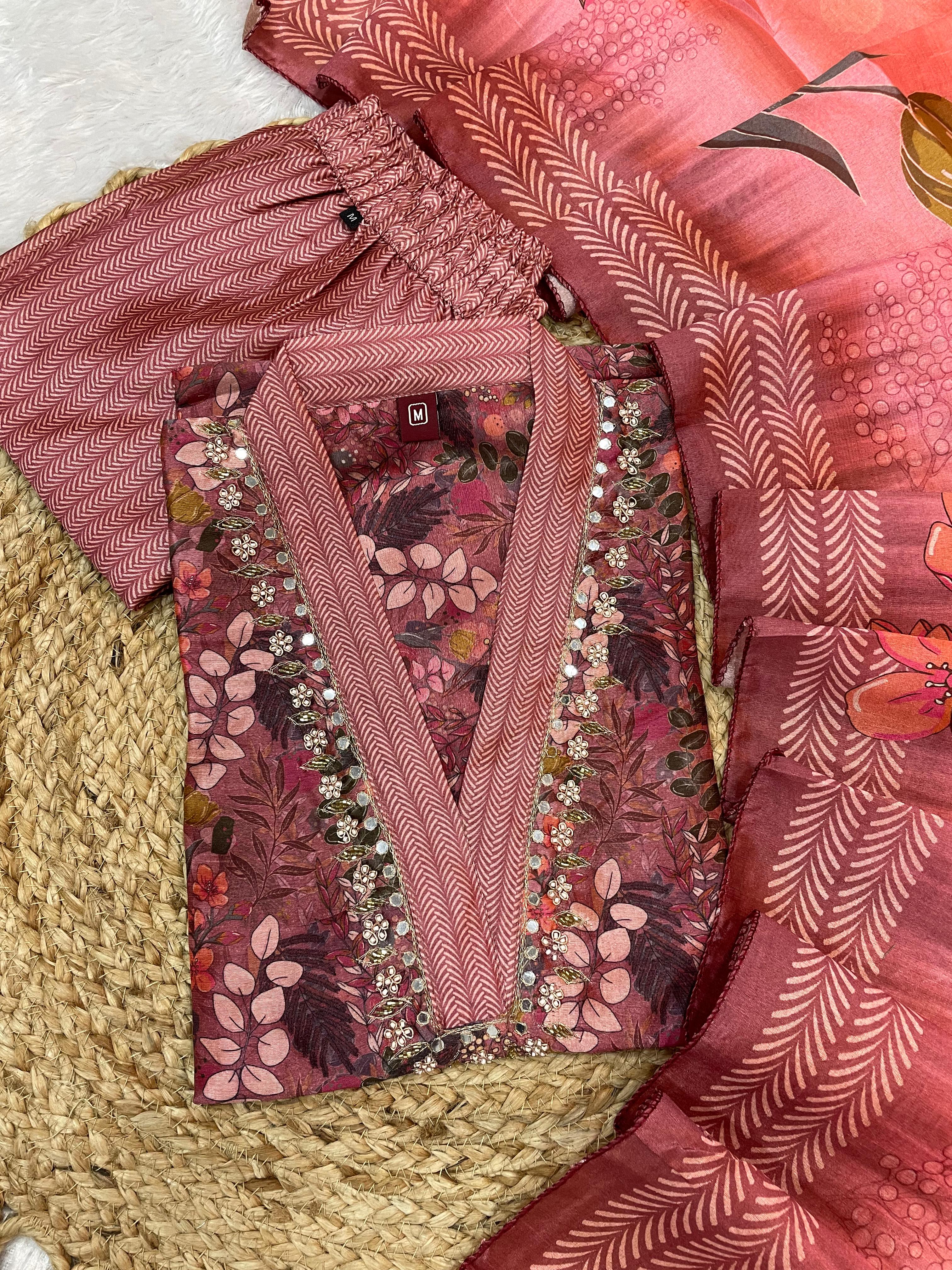 Hanch Zarna Silk Embroidered Straight Kurti Set – Dusty Rose