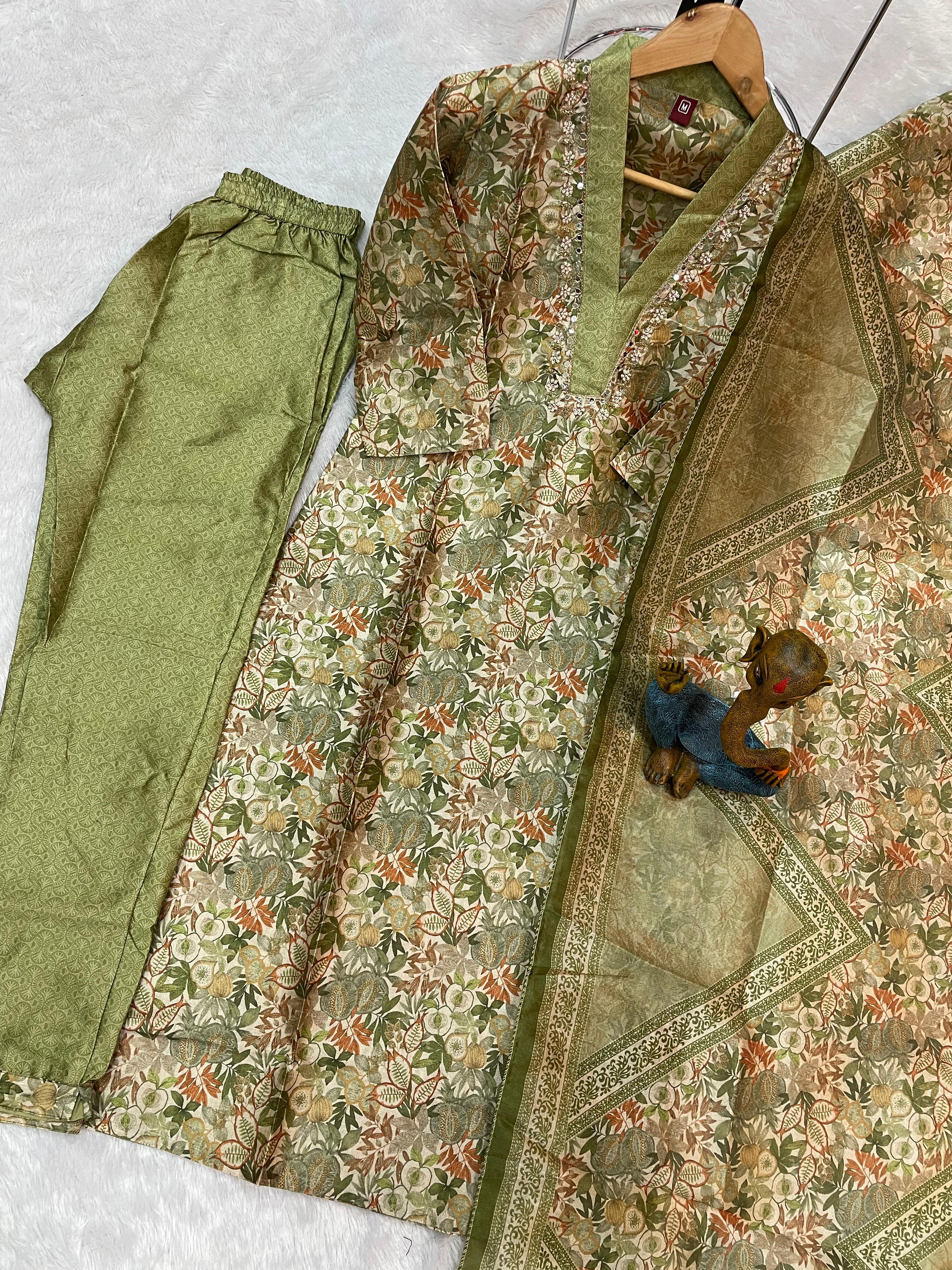 Hanch Zarna Silk Embroidered Straight Kurti Set – Sage Green