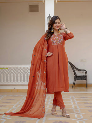 Hanch Pure Viscose Mango Silk Embroidered Straight Kurti Set – Rust