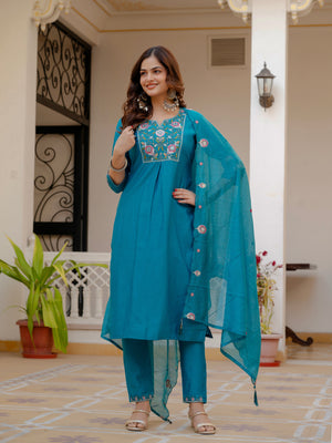 Hanch Pure Viscose Mango Silk Embroidered Straight Kurti Set – Firozi